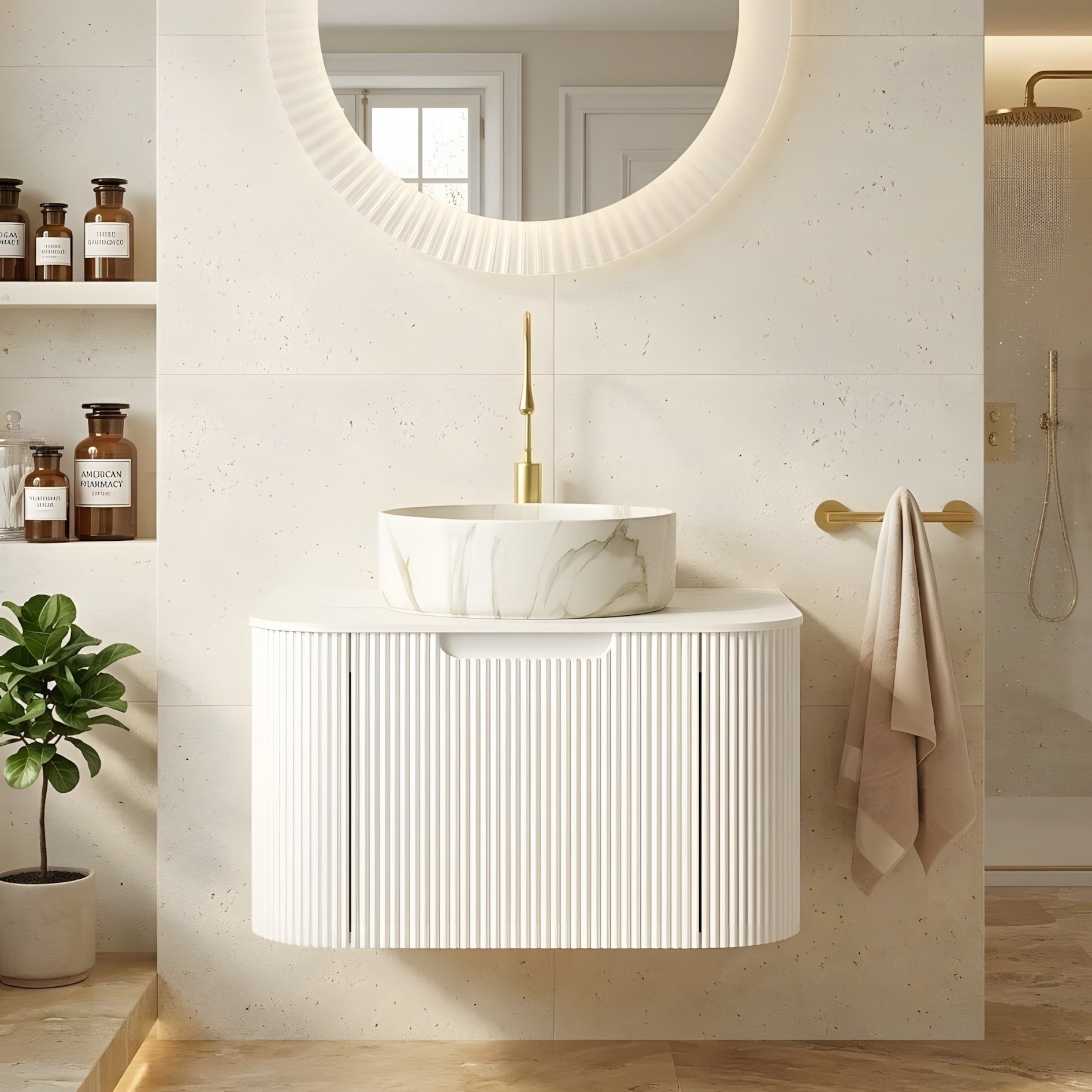 Floating Curved Edge Striped Storage Cabinet With Drawers Featuring A Stone White Patterned Ceramic Basin