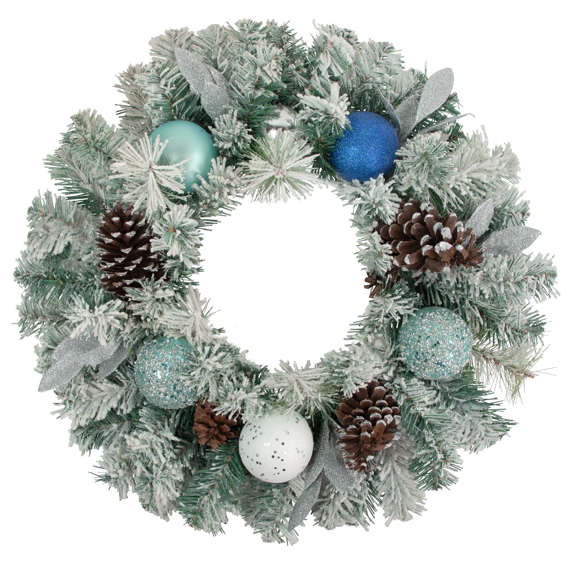 24 Teal And Silver Ornaments Artificial Flocked Pine Christmas Wreath Unlit