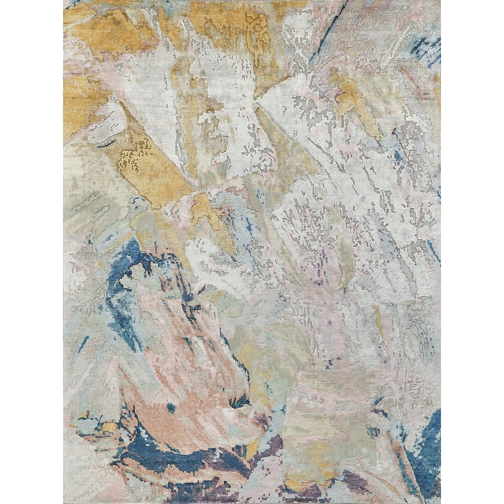 Floor Art Hand Knotted Bamboo Silk Ivory Gold Blue Area Rug 4 X 6