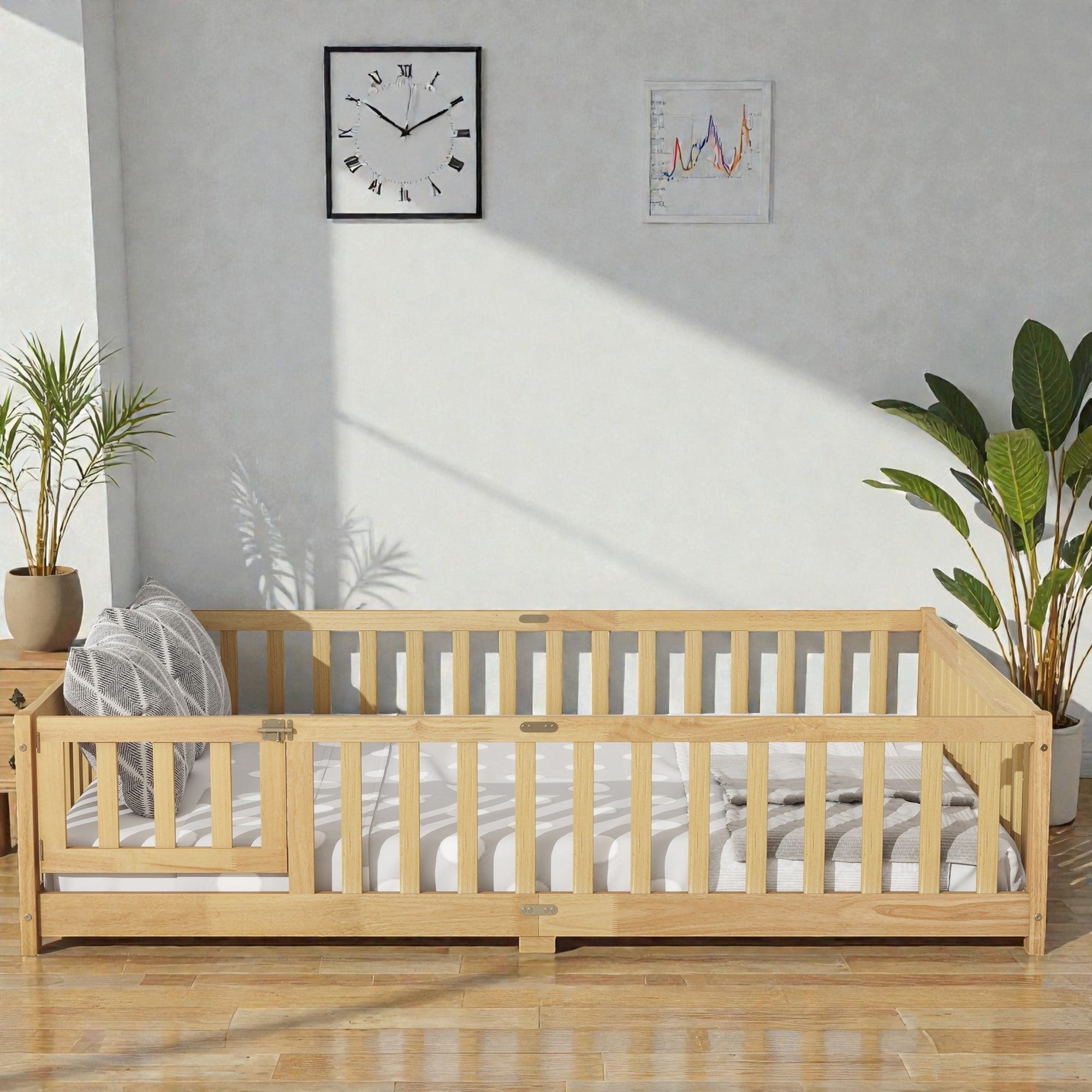 Floor Bed With Fence Solid Rubber Wood Montessori Floor Bed With Safety Guardrails