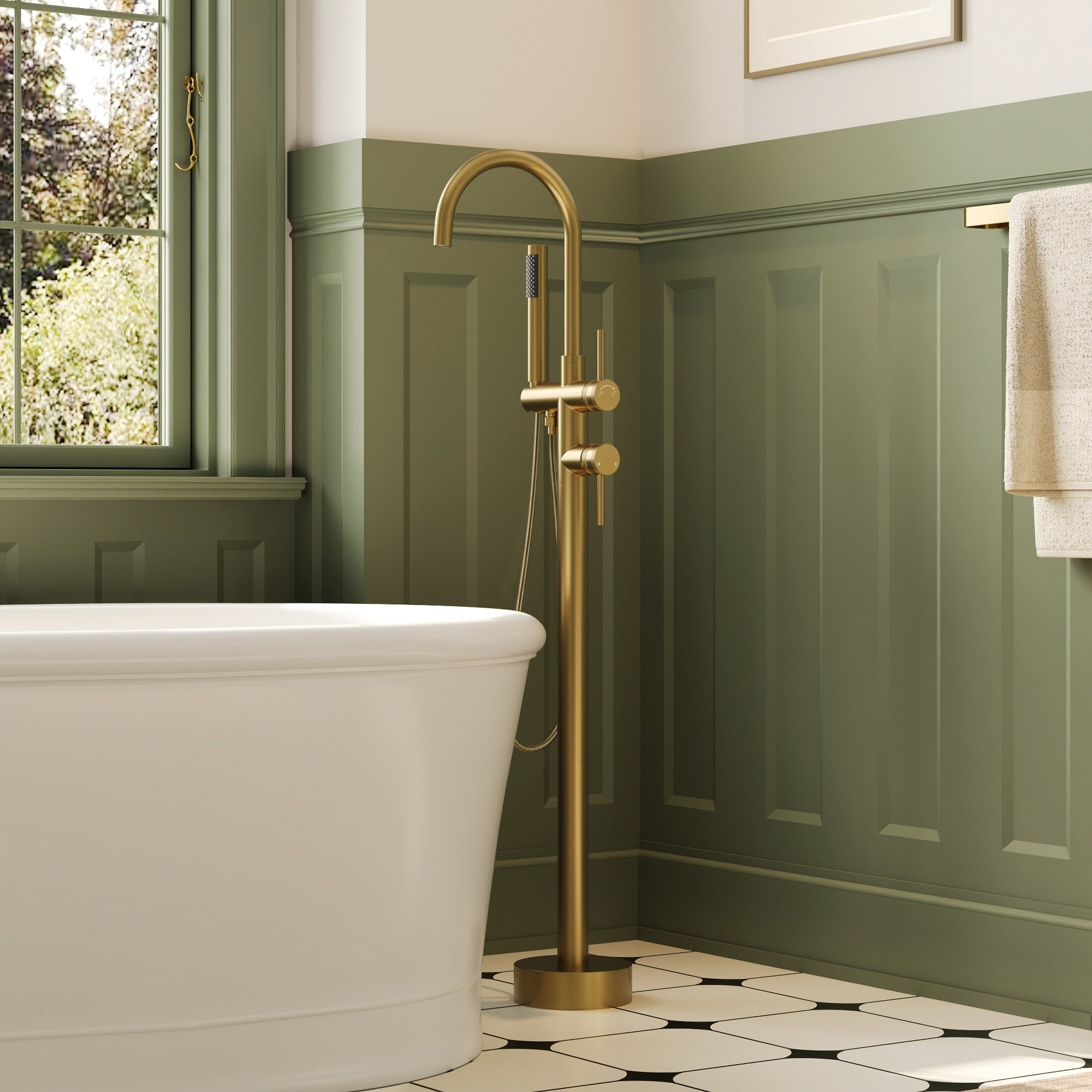 Floor Mount Bathtub Faucet Set With Handheld 2 Handle Modern Soaking Tub Filler