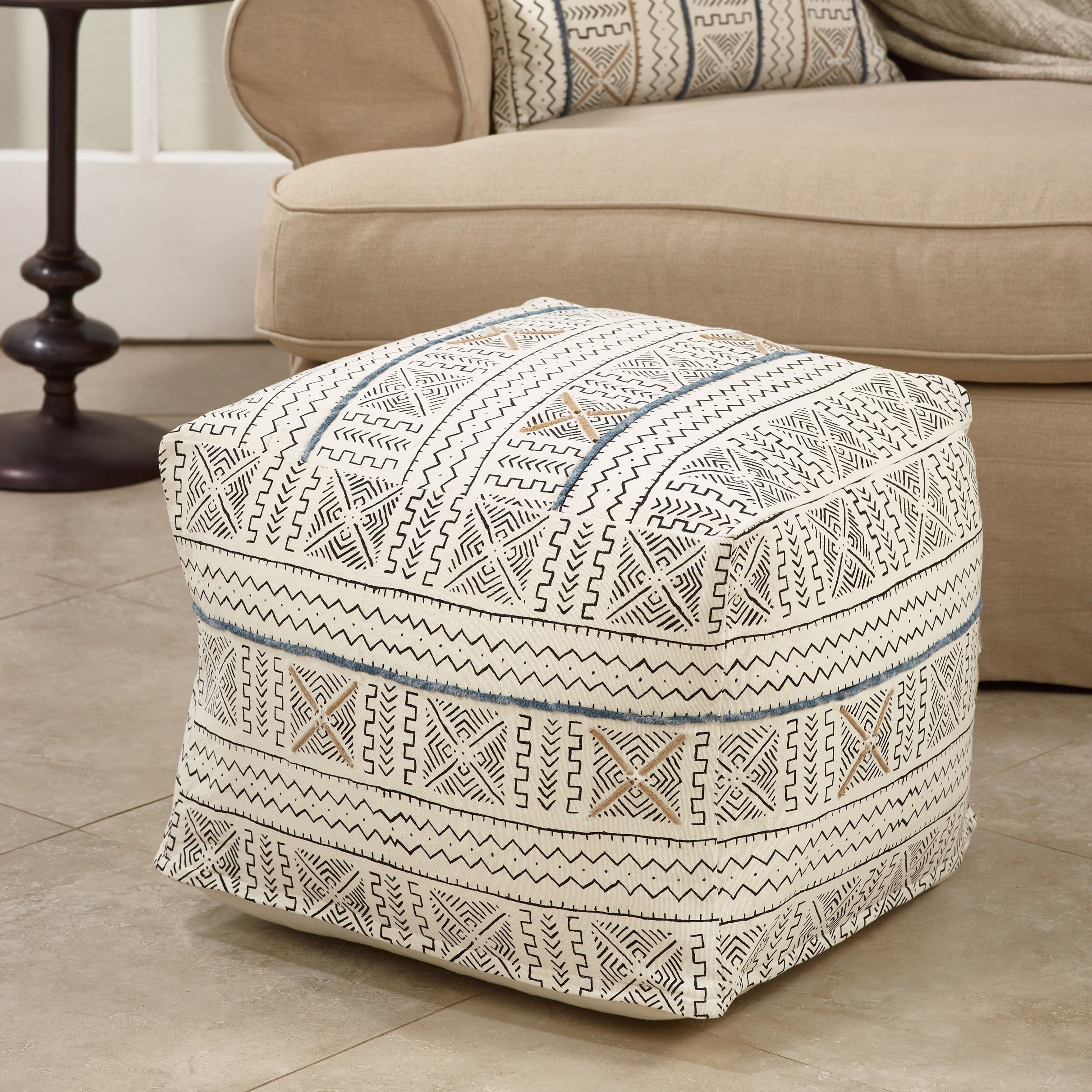 Floor Pouf With Abstract Mudcloth Design