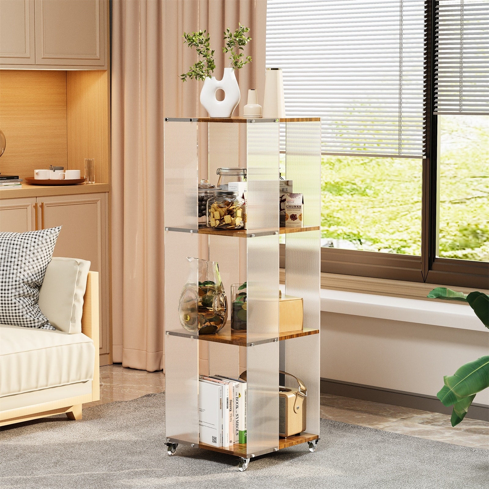 Floor Standing Bookshelf Unit Rack Stand For Storage Shelf Organizer With Wheels Acrylic Panels