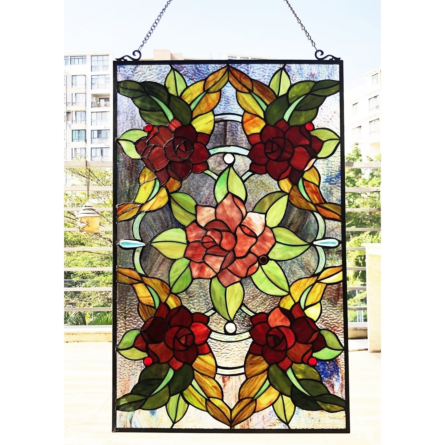 Gracewood Hollow Brugge Glass Window Panel Suncatcher With Floral Embellishments