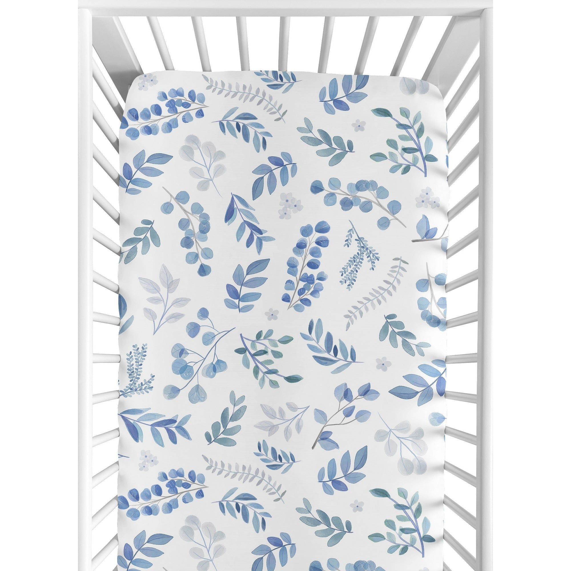 Floral Leaf Collection Boy Or Girl Fitted Crib Sheet Blue Grey White Boho Watercolor Botanical Flower Woodland Tropical Garden