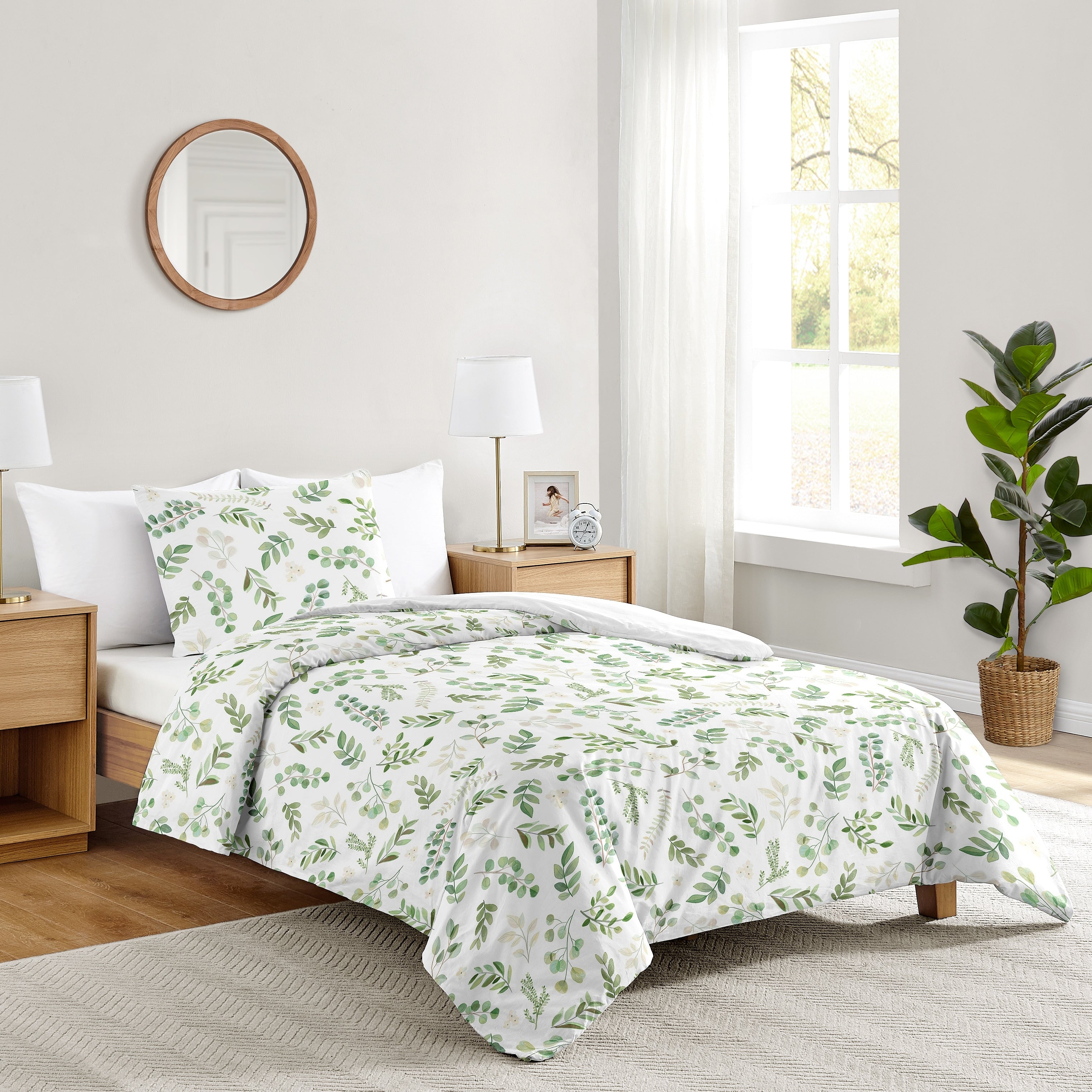 Floral Leaf Collection Girl 4 Piece Twin Size Comforter Set Green And White Boho Watercolor Botanical Woodland Tropical Garden
