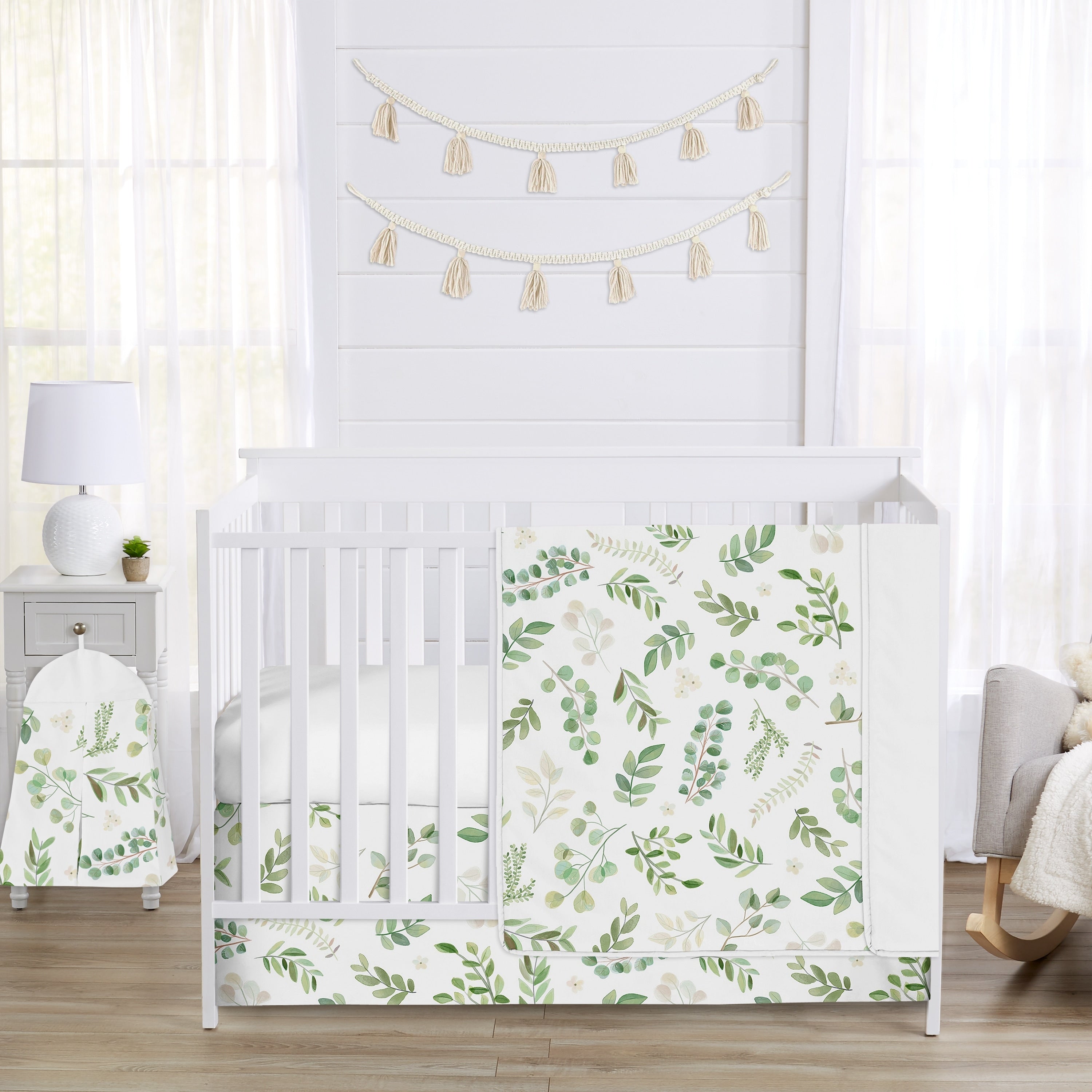 Floral Leaf Collection Girl 4Pc Nursery Crib Bedding Set Green White Boho Watercolor Botanical Woodland Tropical Garden