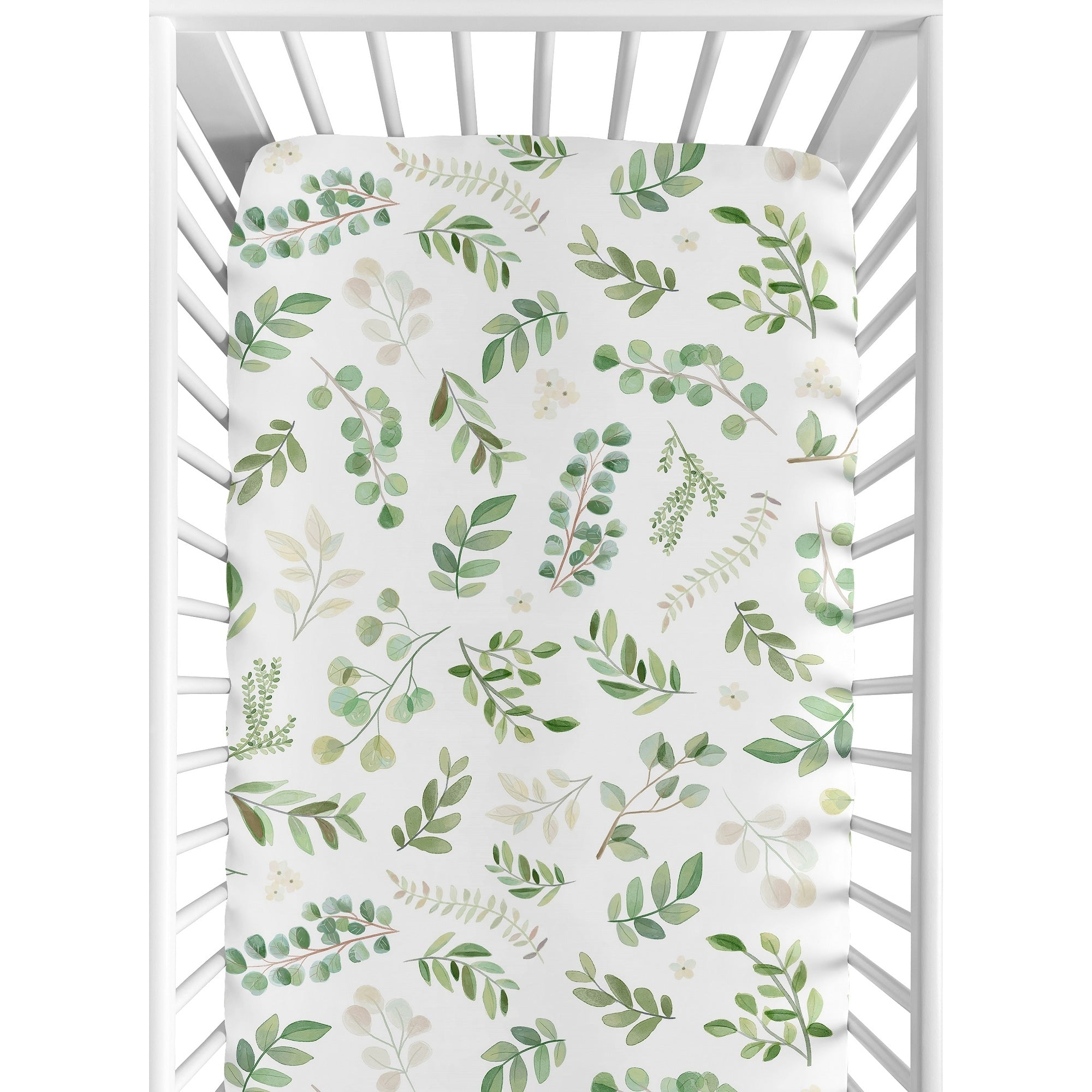 Floral Leaf Collection Girl Fitted Crib Sheet Green And White Boho Watercolor Botanical Woodland Tropical Garden