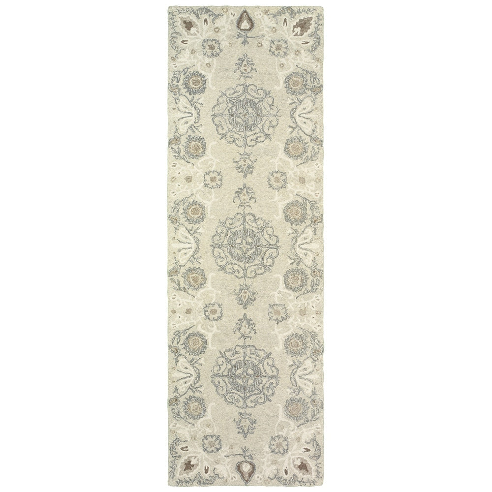 Copper Grove Globeflower Medallions Sand Ash Handcrafted Undyed Wool Runner Rug 26 X 8 Runner