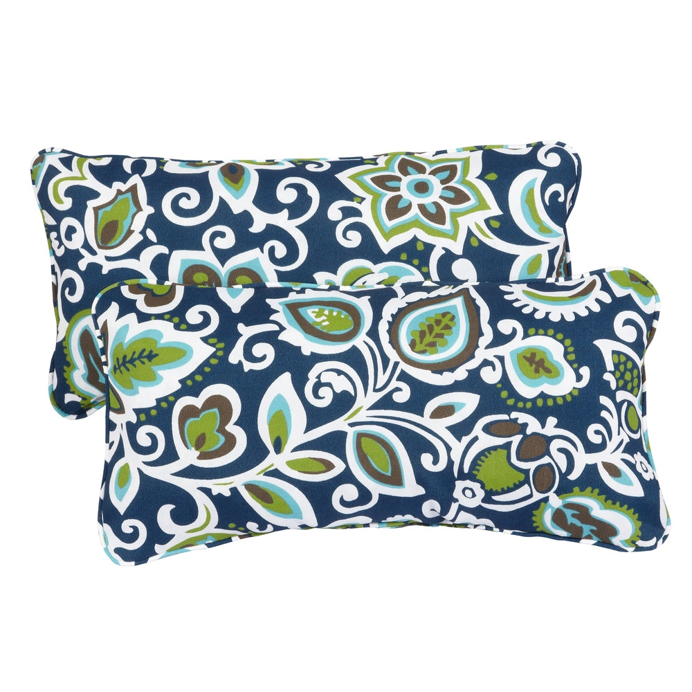 Floral Navy Corded 12 X 24 Inch Indoor Outdoor Lumbar Pillows Set Of 2