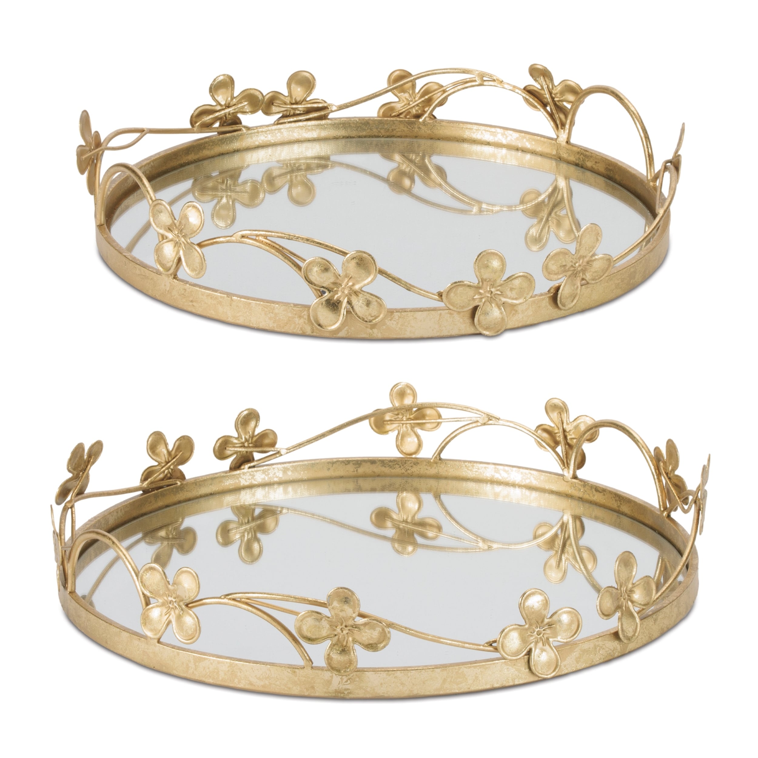 Floral Sculpted Mirror Tray Set Of 2