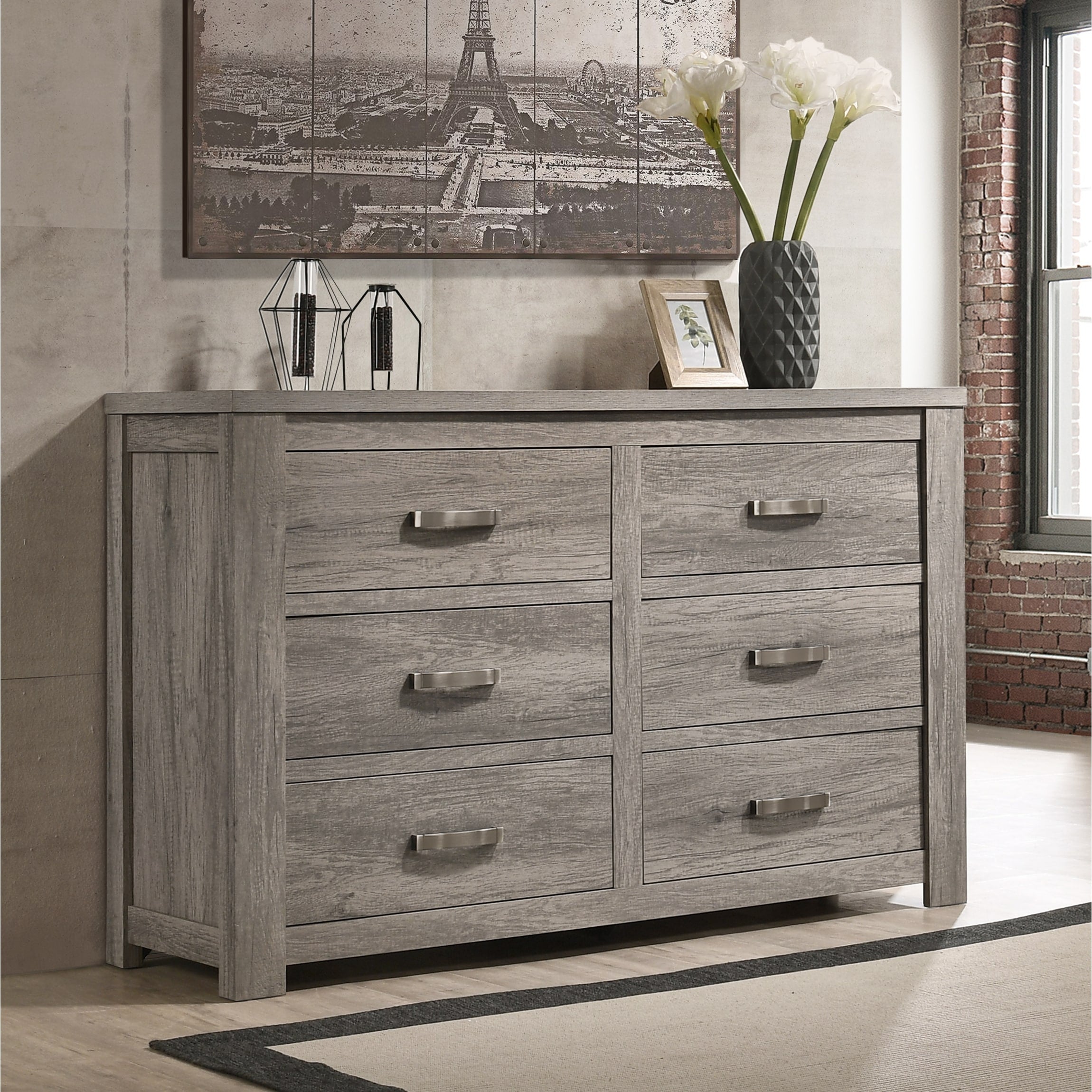 Floren Contemporary Weathered Gray Wood 6 Drawer Dresser
