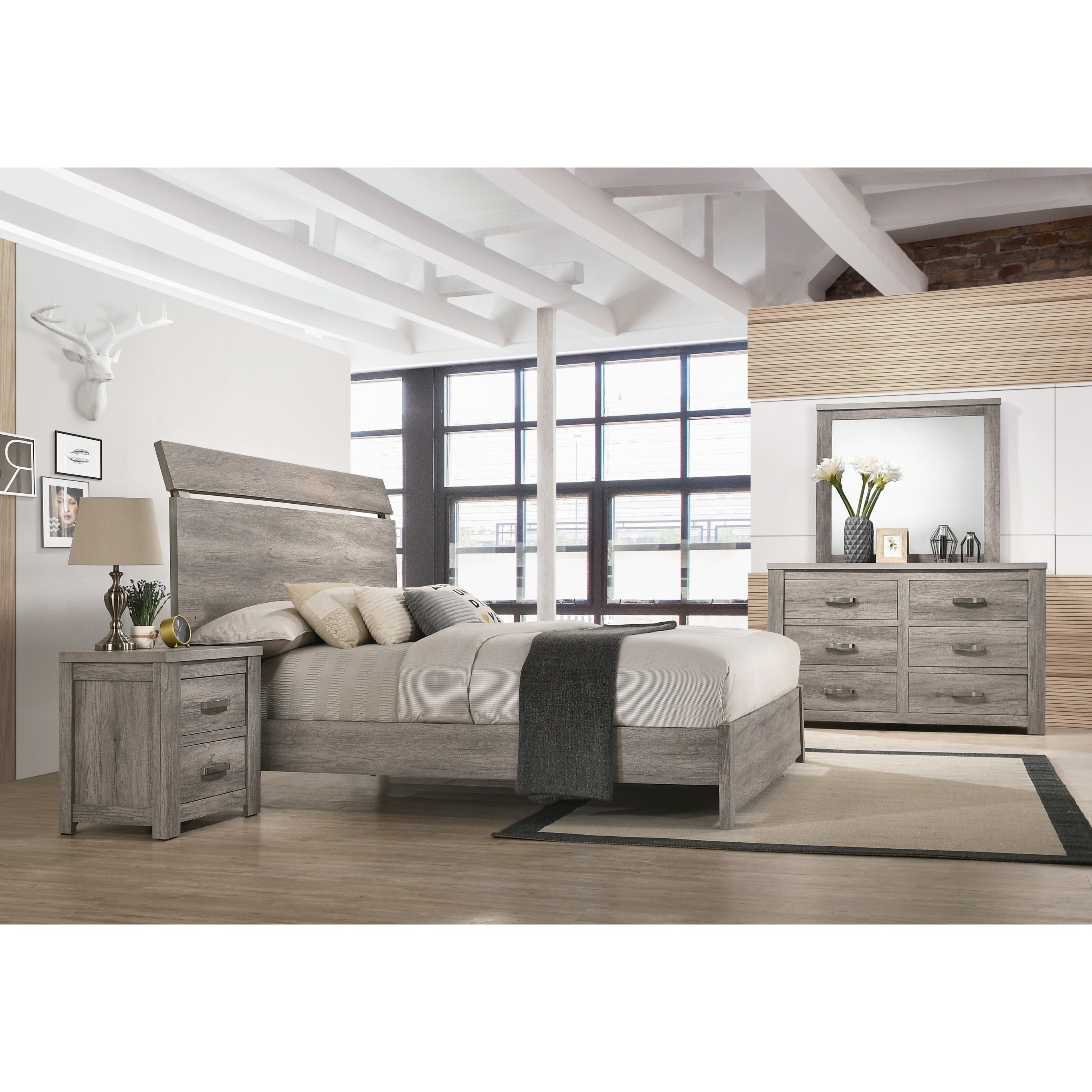 Floren Contemporary Weathered Gray Wood Bedroom Set Panel Bed Dresser Mirror Nightstand