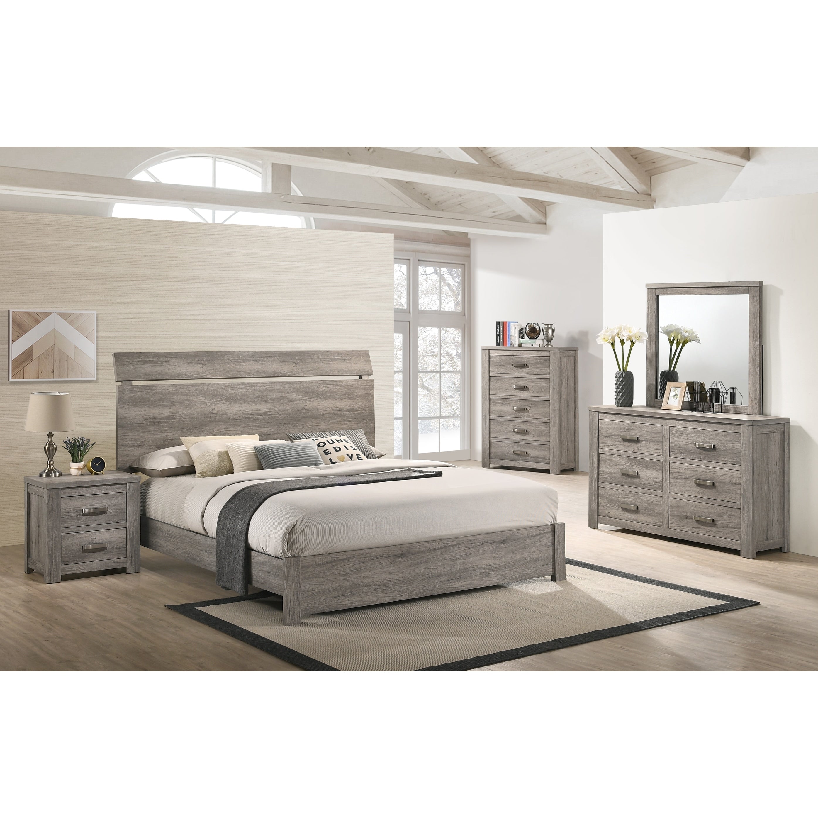 Floren Contemporary Weathered Gray Wood Bedroom Set Panel Bed Dresser Mirror Nightstand Chest