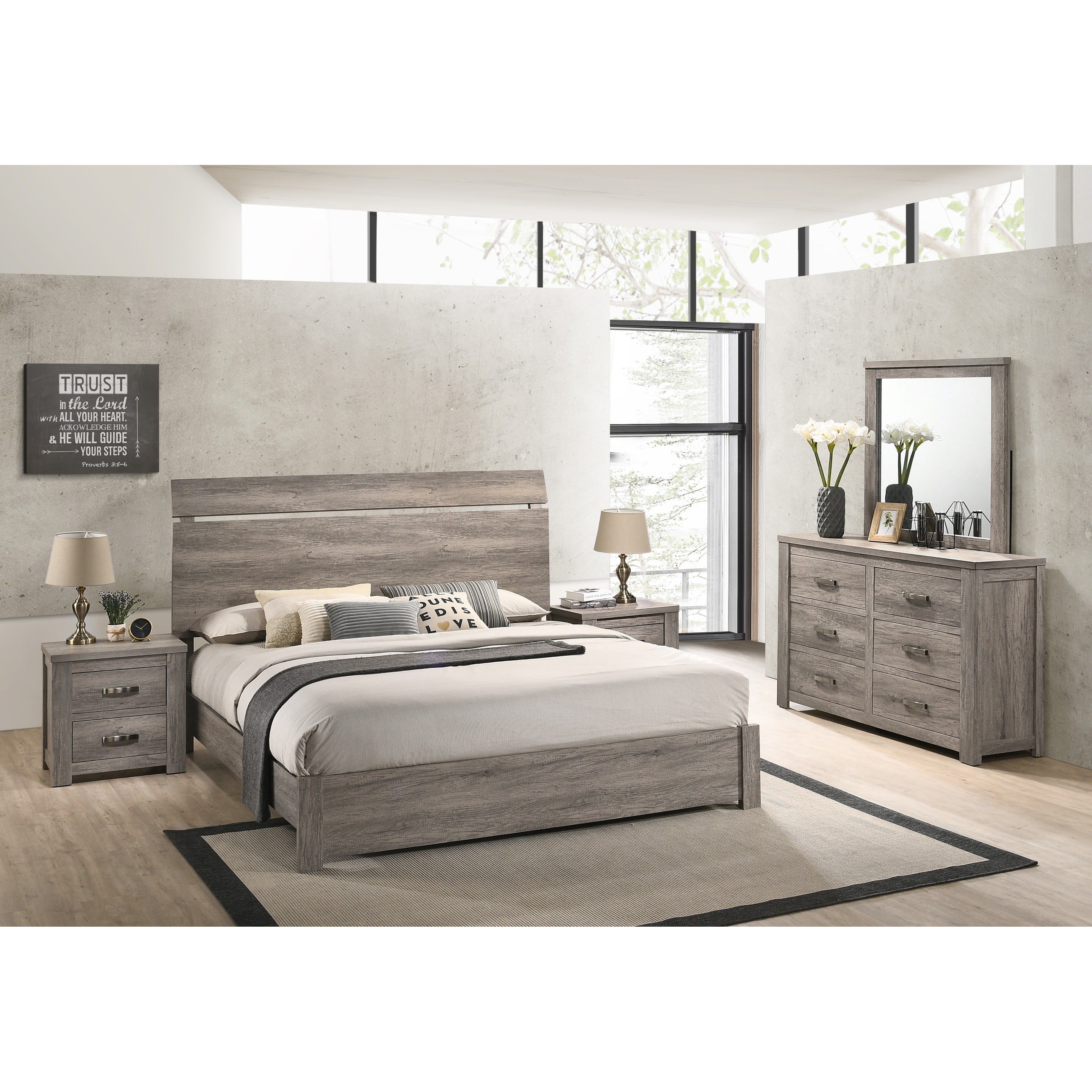 Floren Contemporary Weathered Gray Wood Bedroom Set Panel Bed Dresser Mirror Two Nightstands