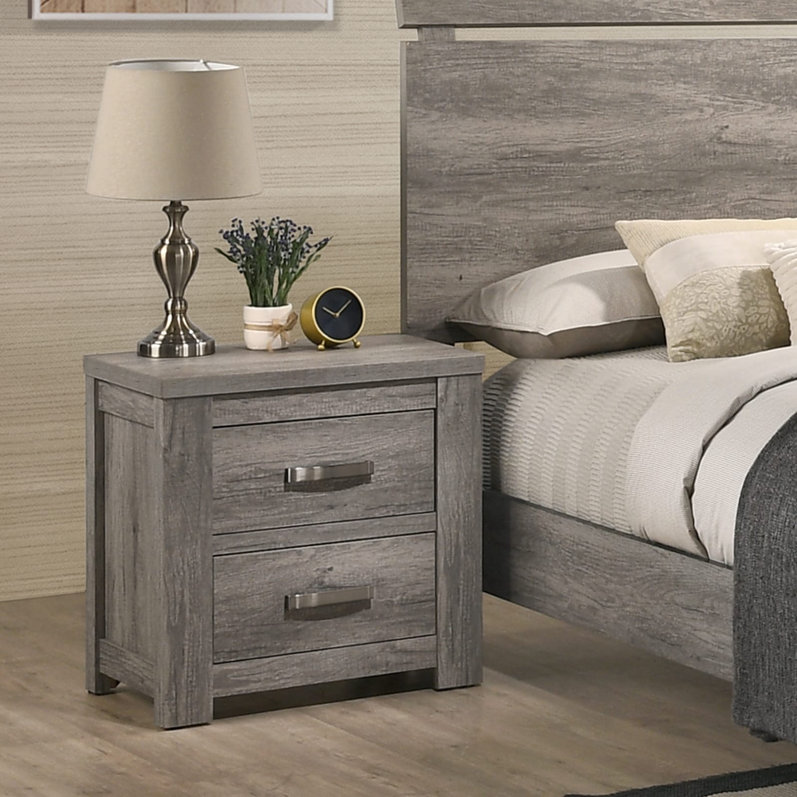 Floren Contemporary Weathered Gray Wood Two Drawer Nightstand