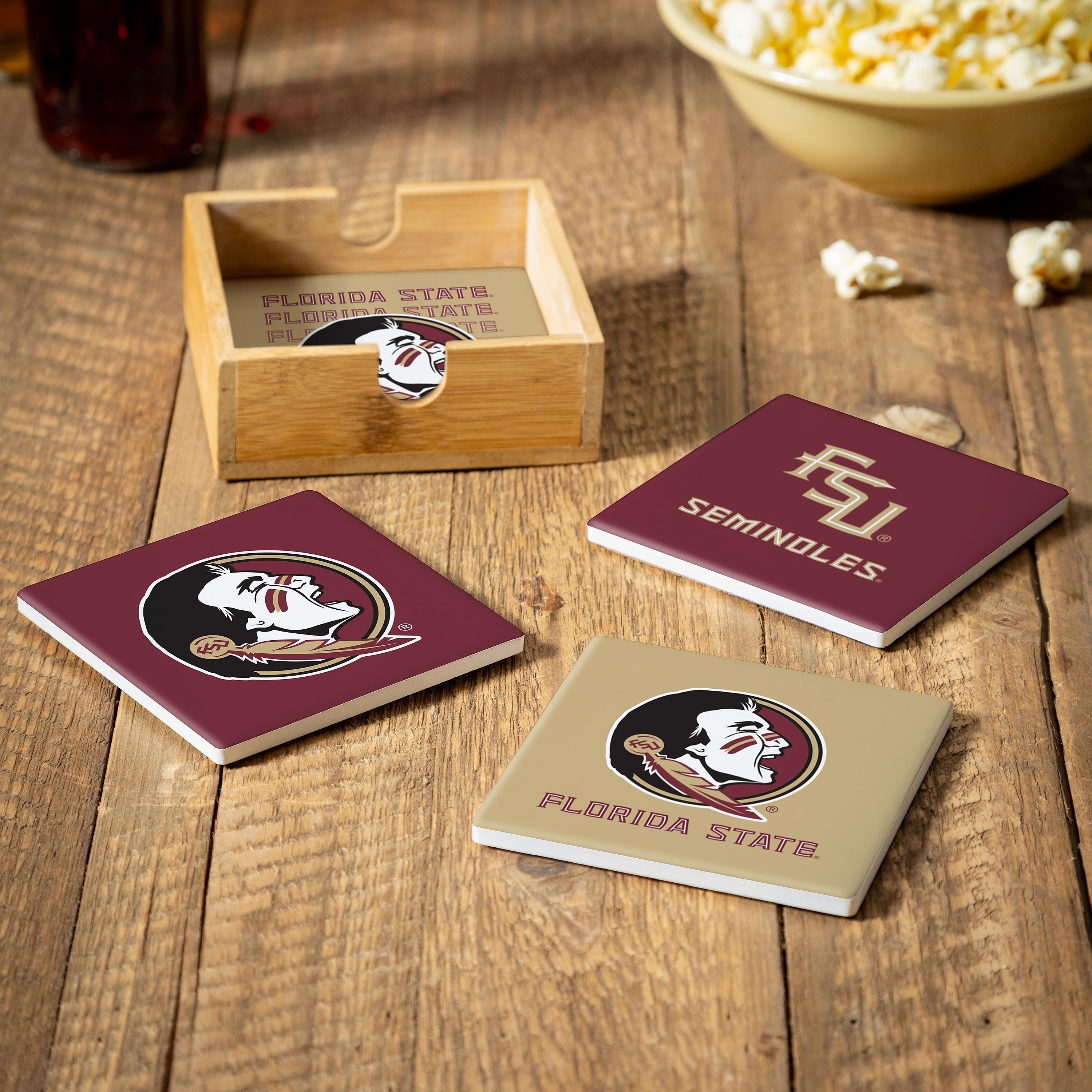 Florida State University 4 Piece Ceramic Coasters Set With Wood Caddy