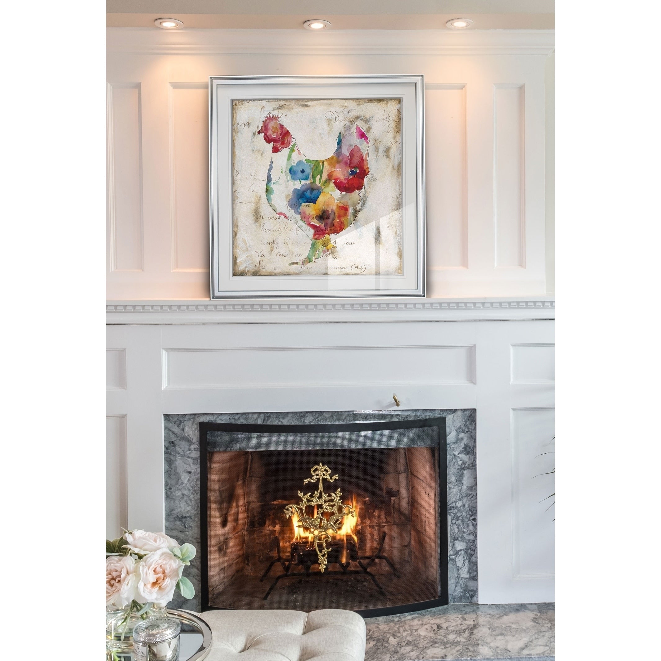 Flowered Hen Custom Framed Print Blue White Grey Yellow Green Silver Gold