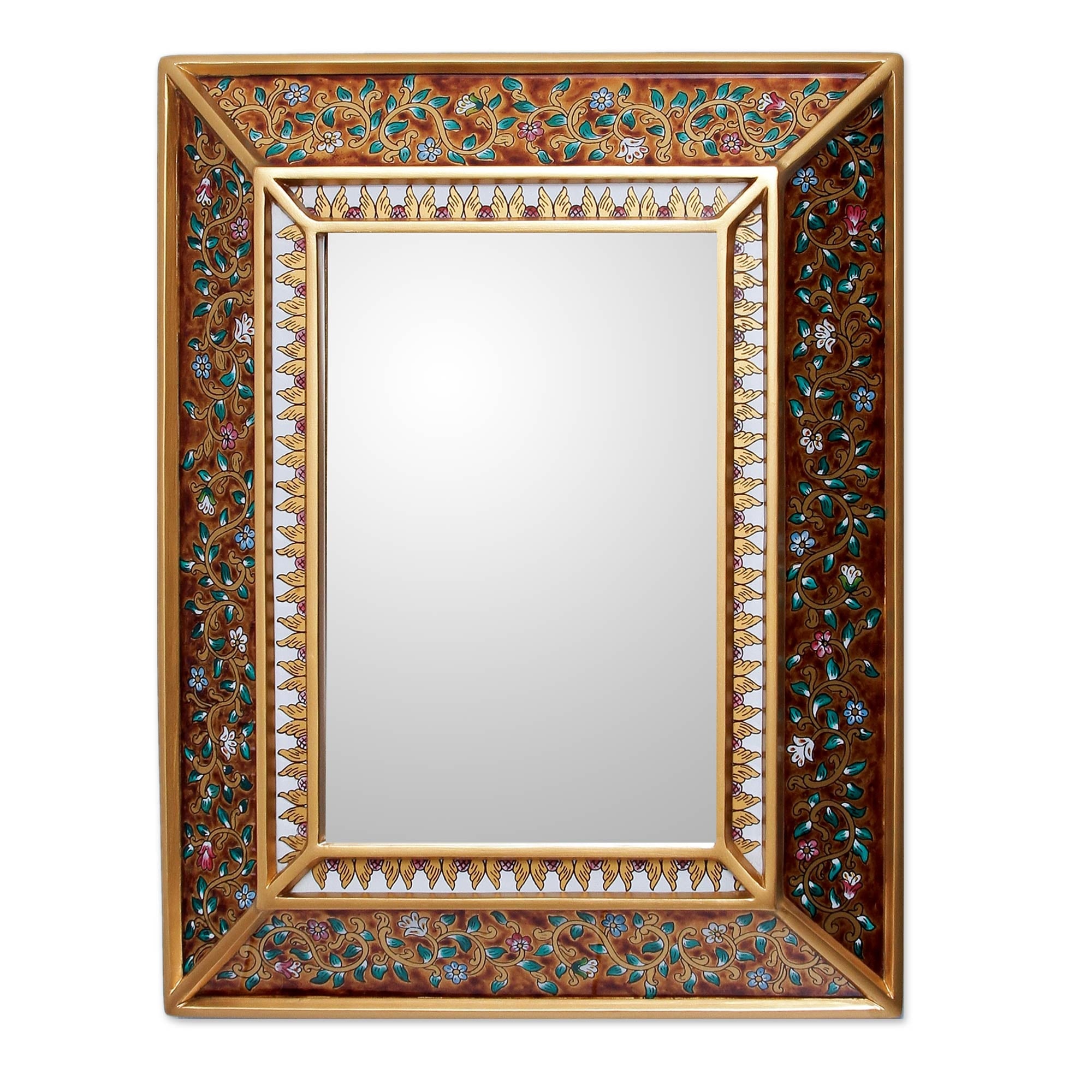 Handmade Flowers On Gold Artisan Home Decor Floral Cedar Accent Hall Bedroom Bathroom Wall Mirror Peru