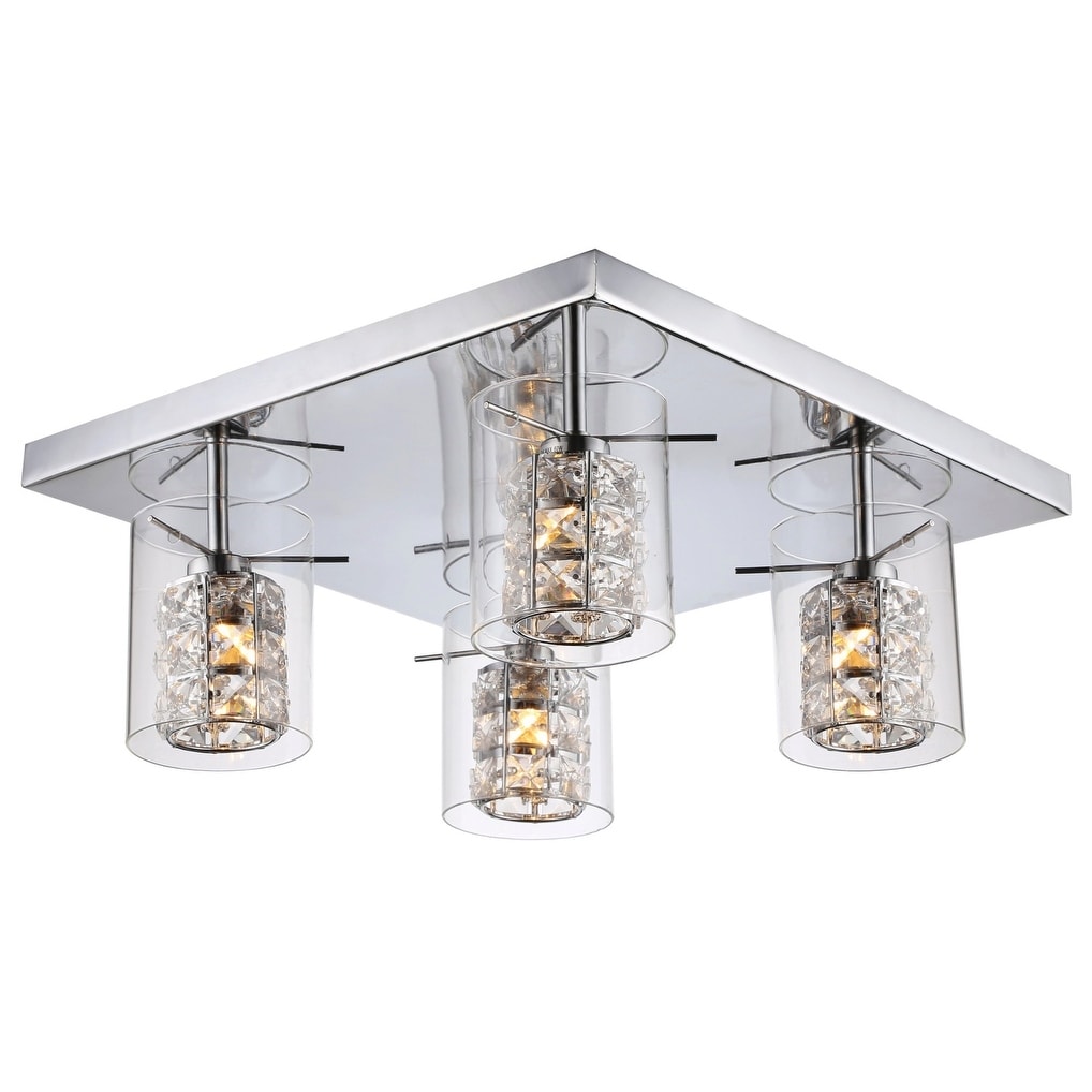 Chrome Iron Flush Mount With Clear Crystal And Glass Shades