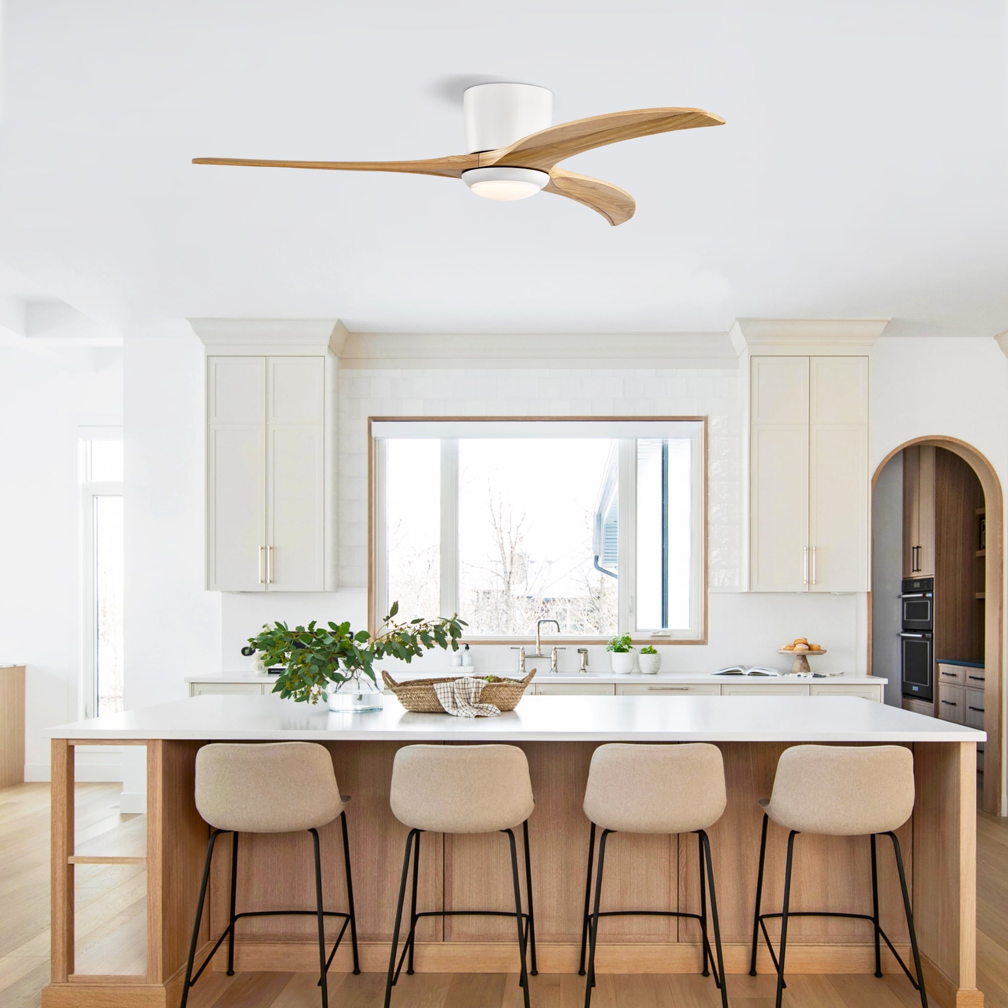 Flush Mount Matte White Ceiling Fan With Lights Remote Control