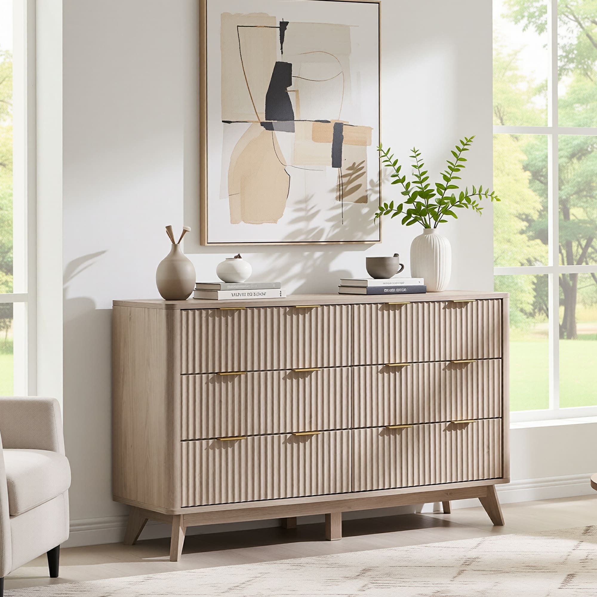 Fluted 6 Drawers Dresser Modern Chest Of Drawers For Bedroom