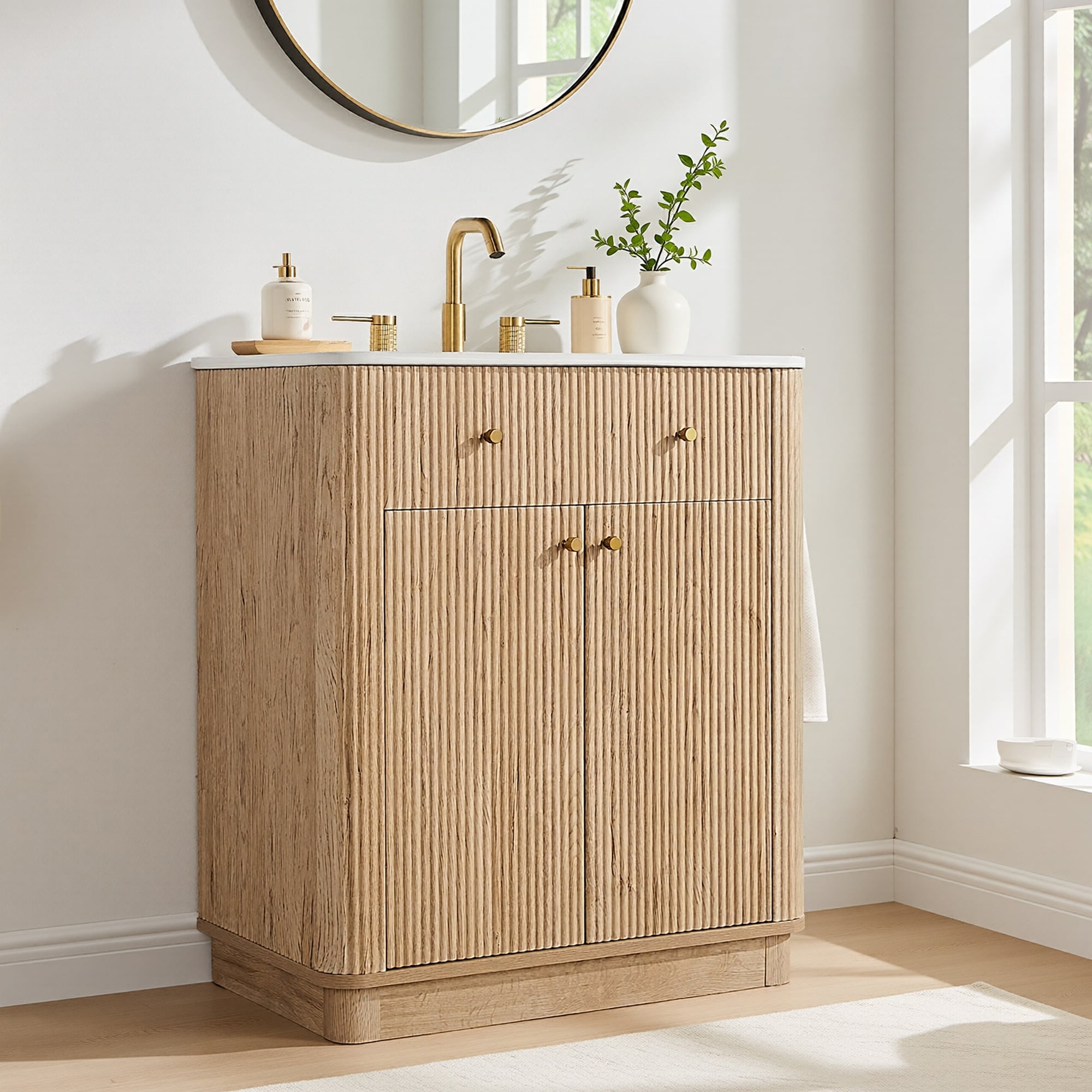 Fluted Bathroom Vanity With Sink Storage Cabinet Adjustable Shelf