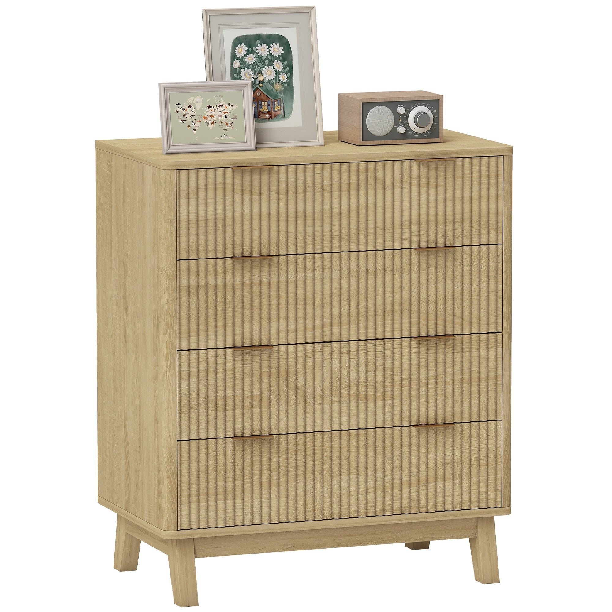 Fluted Dresser For Bedroom With 4 Drawers Chest Of Drawers With Gold Finger Pulls And 4 Wood Legs Natural Wood