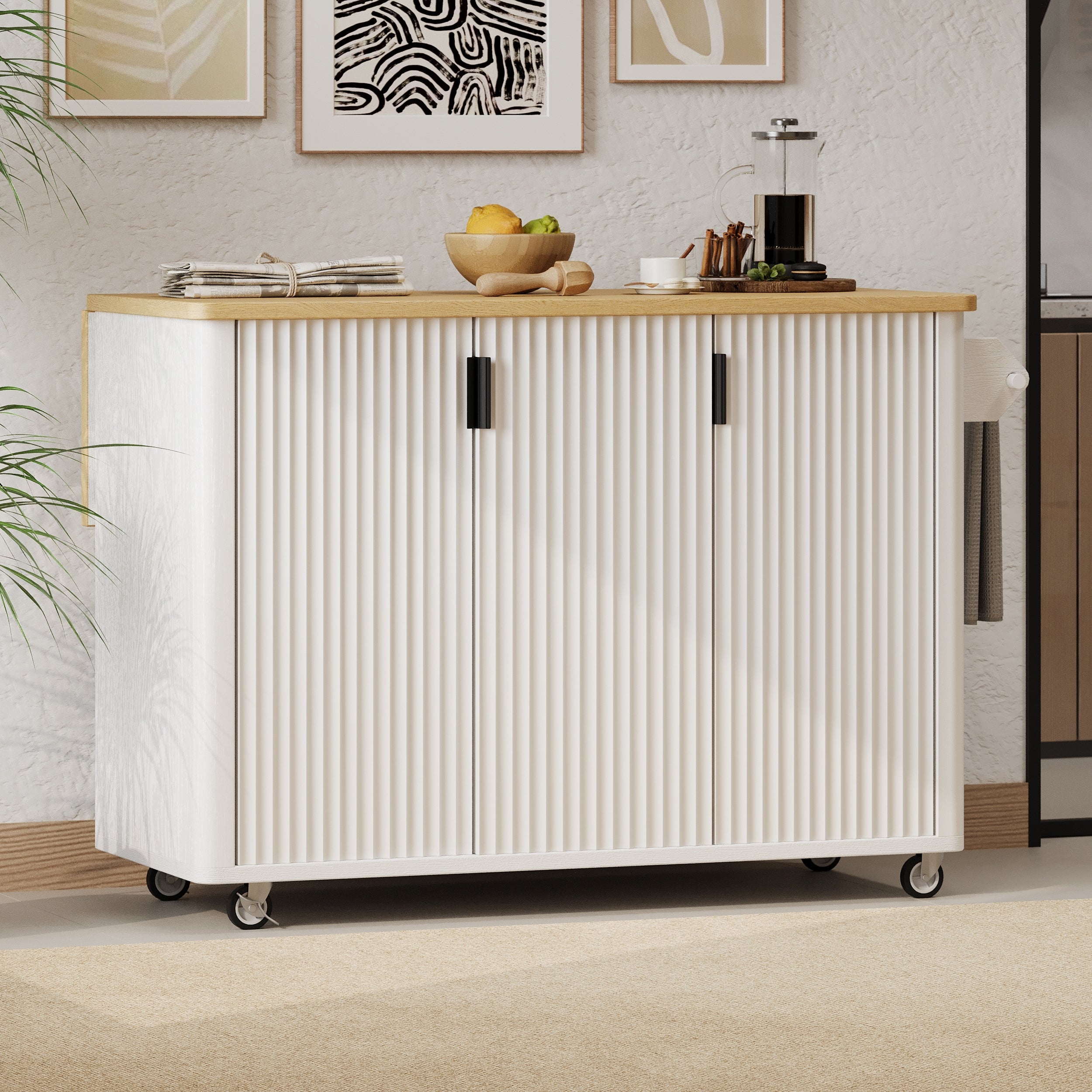 Fluted Farmhouse Kitchen Island On Wheels With Drop Leaf Storage Rack