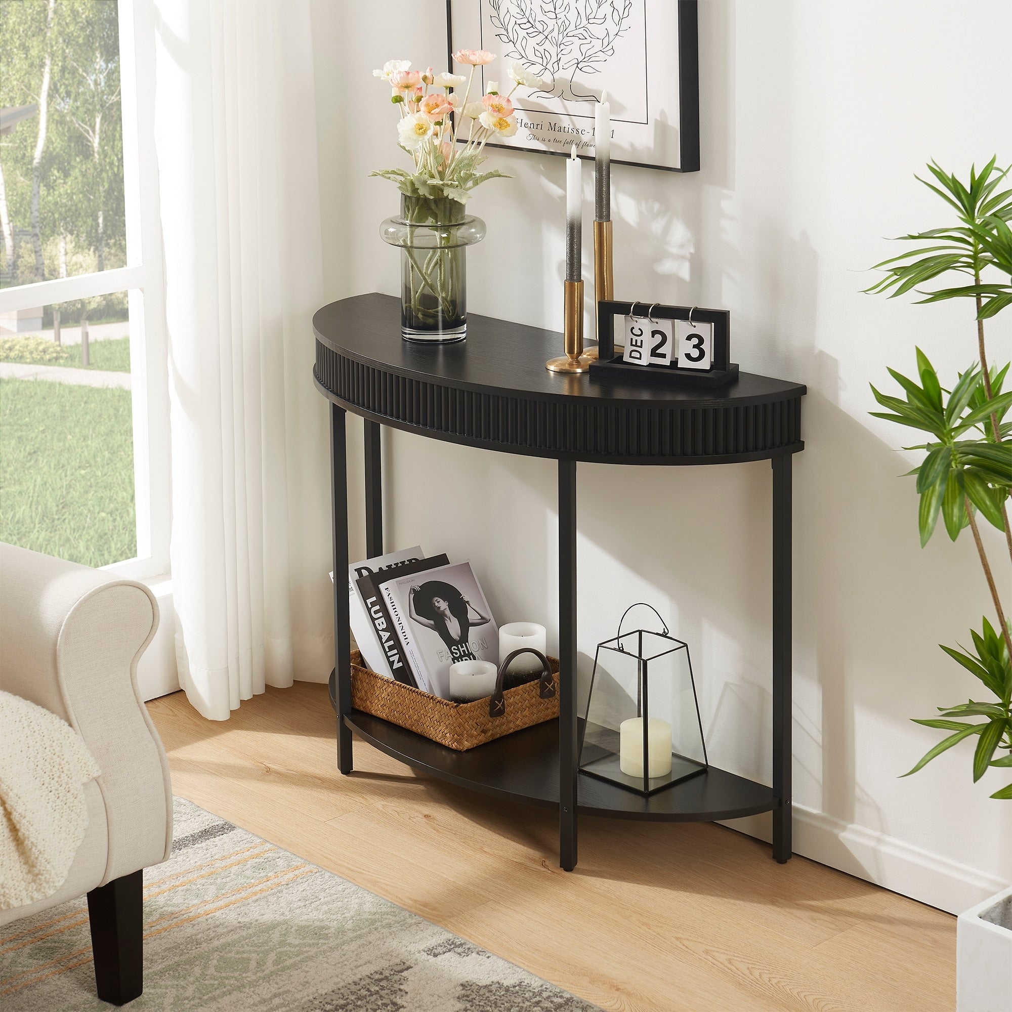 Fluted Half Moon Console Table Modern 2 Tier Black Entryway Console For Living Room Hallway Foyer