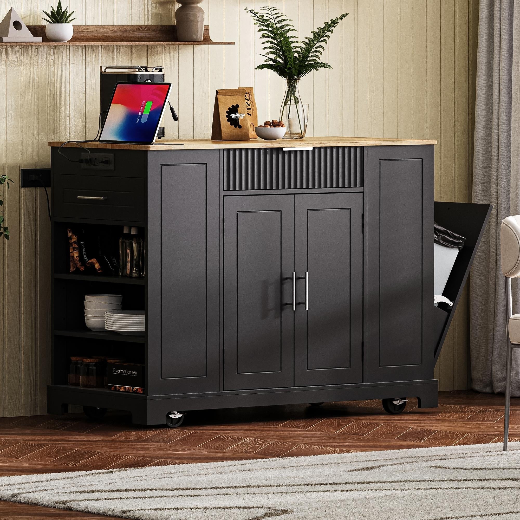 Fluted Kitchen Island With Storage Cabinet Rolling Kitchen Cart With 3 Drawer And Adjustable Shelves