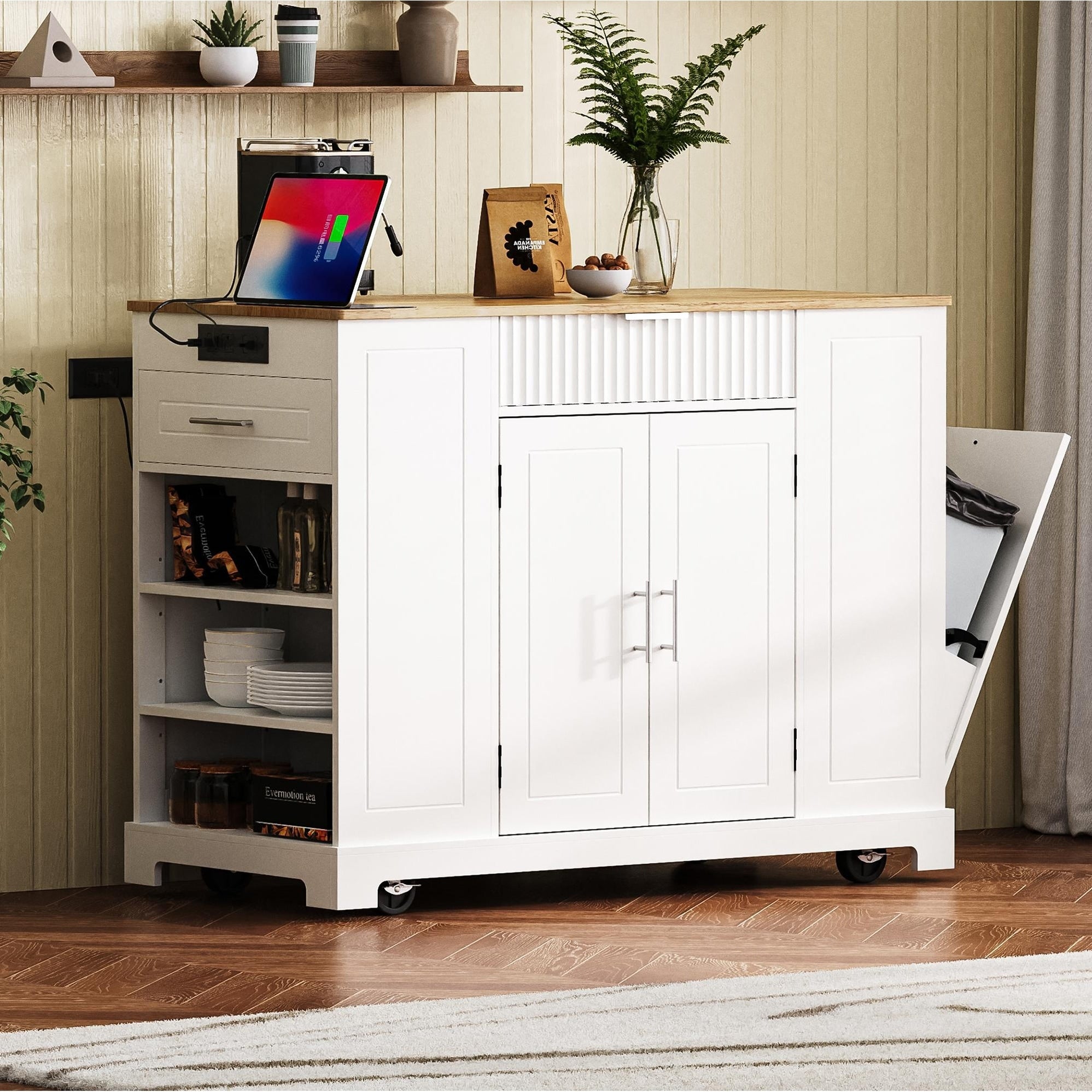 Fluted Kitchen Island With Storage Cabinet White Rolling Kitchen Cart With 3 Drawer And Adjustable Shelves