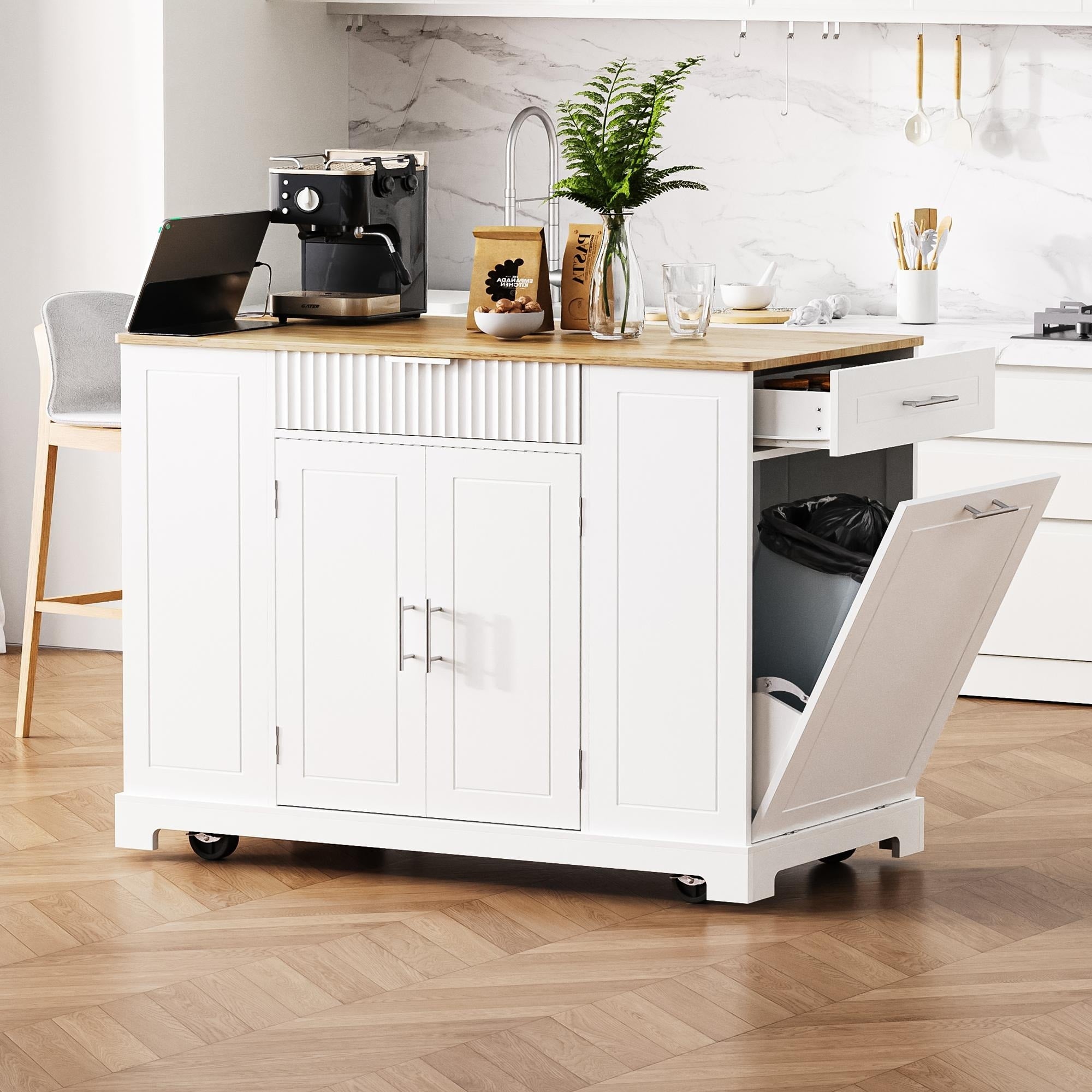 Fluted Kitchen Island With Trash Can Storage And Power Outlet