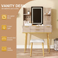 Fluted Makeup Table Pu Cushioned Stool Set Vanity Desk With Led Mirror Dressing Table With Jewelry Storage For Bedroom