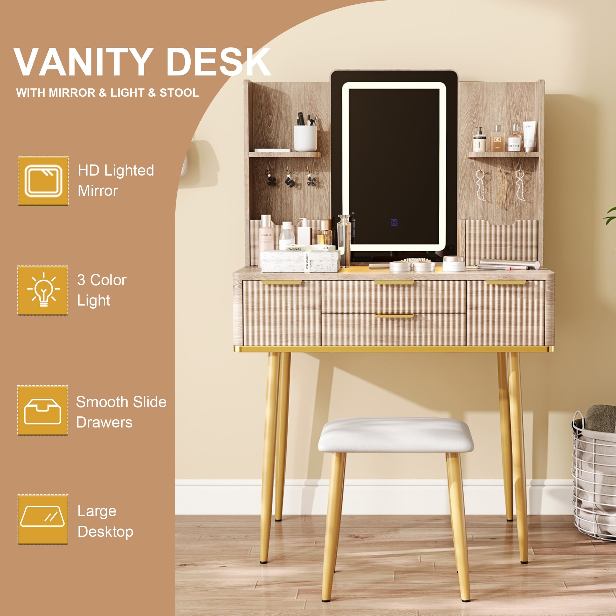 Fluted Makeup Table Pu Cushioned Stool Set Vanity Desk With Led Mirror Dressing Table With Jewelry Storage For Bedroom