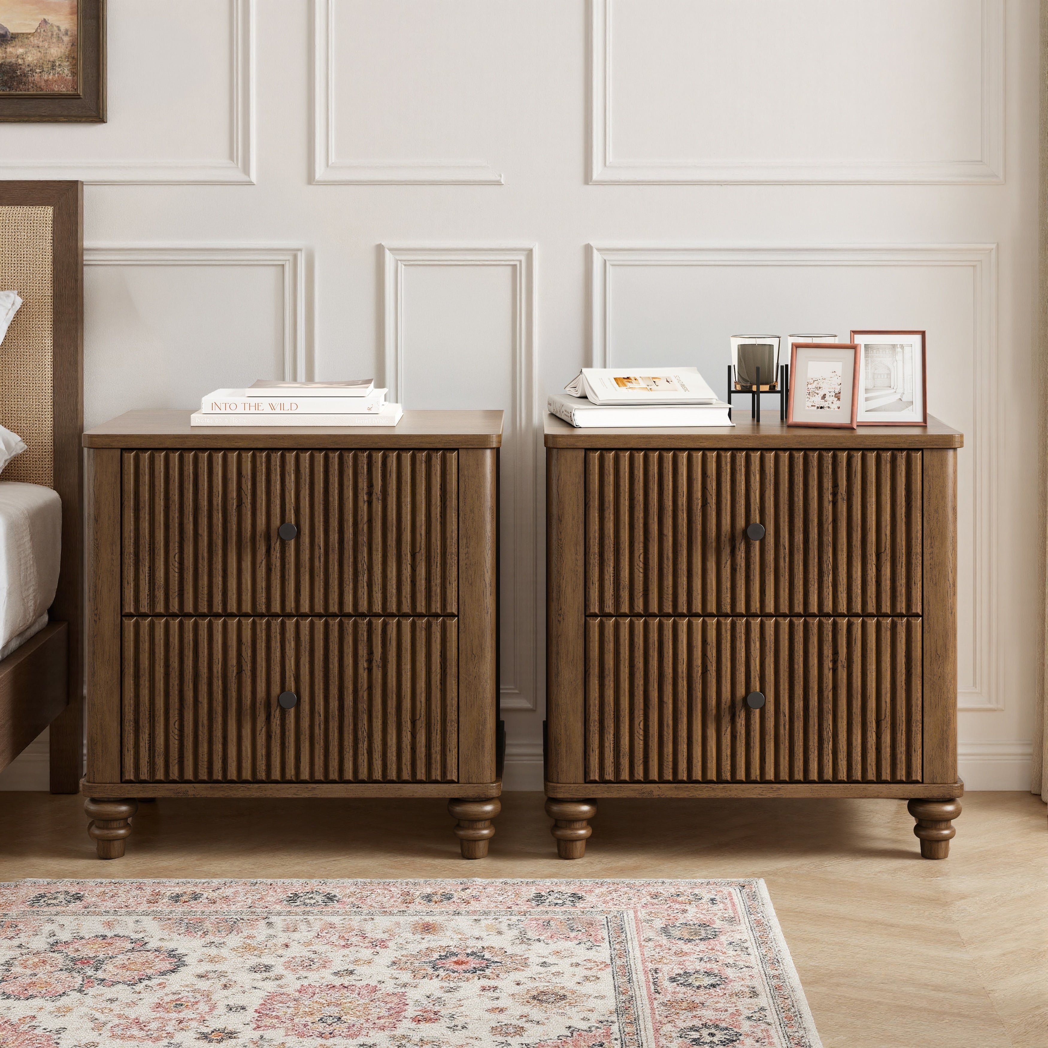 Fluted Nightstand 2 Piece Set 21.65 Wide Side Table With 3 Drawers Mid Century Modern Wood Nightstand With Metal Handle