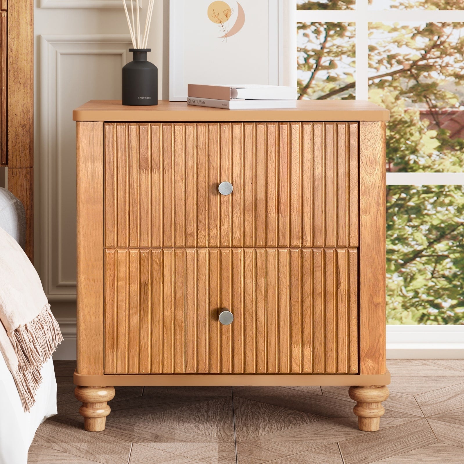 Fluted Nightstand 21.65 Wide Side Table With 3 Drawers Mid Century Modern Wood Nightstand With Metal Handle