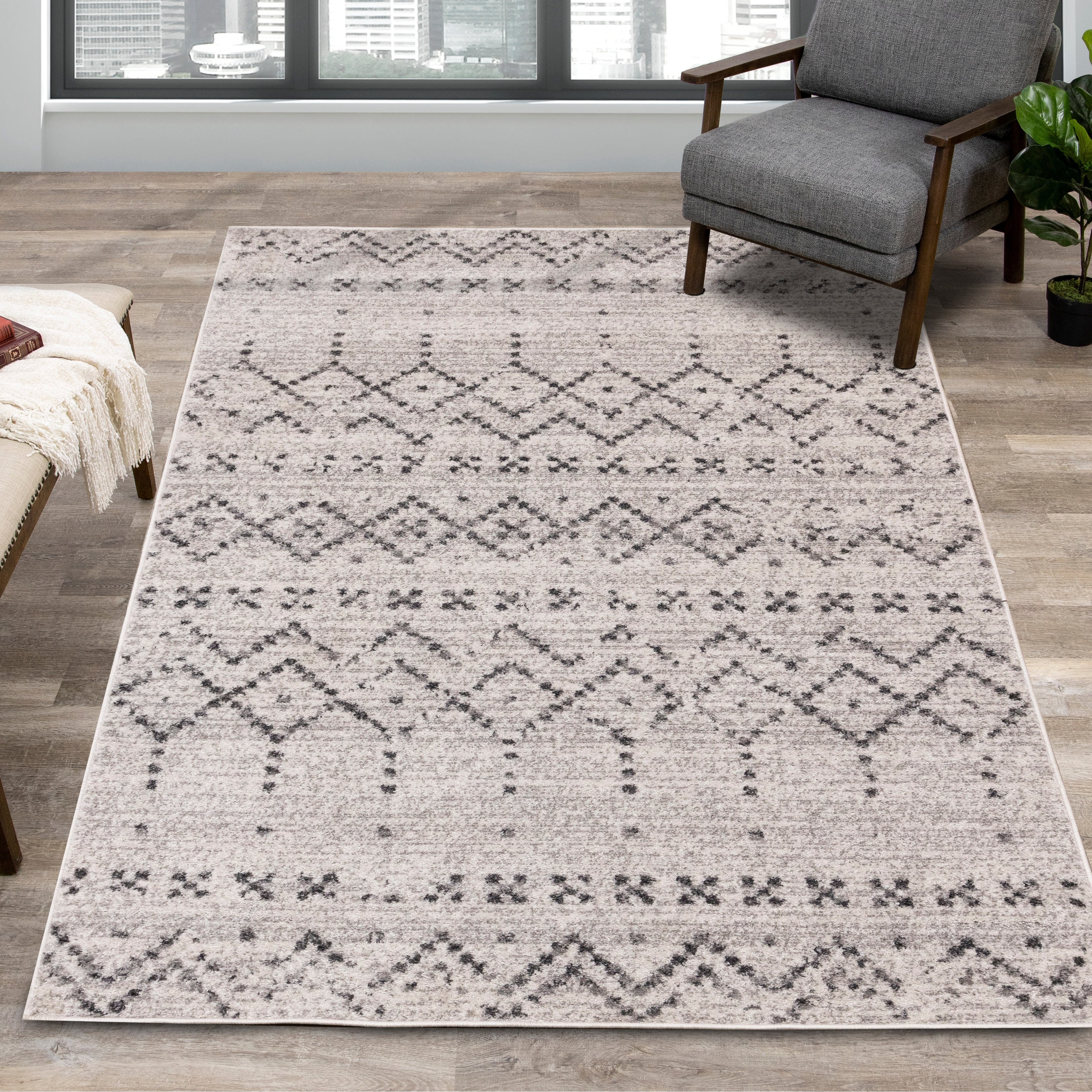 Converge Grey White Banded Tribal Motif Rug