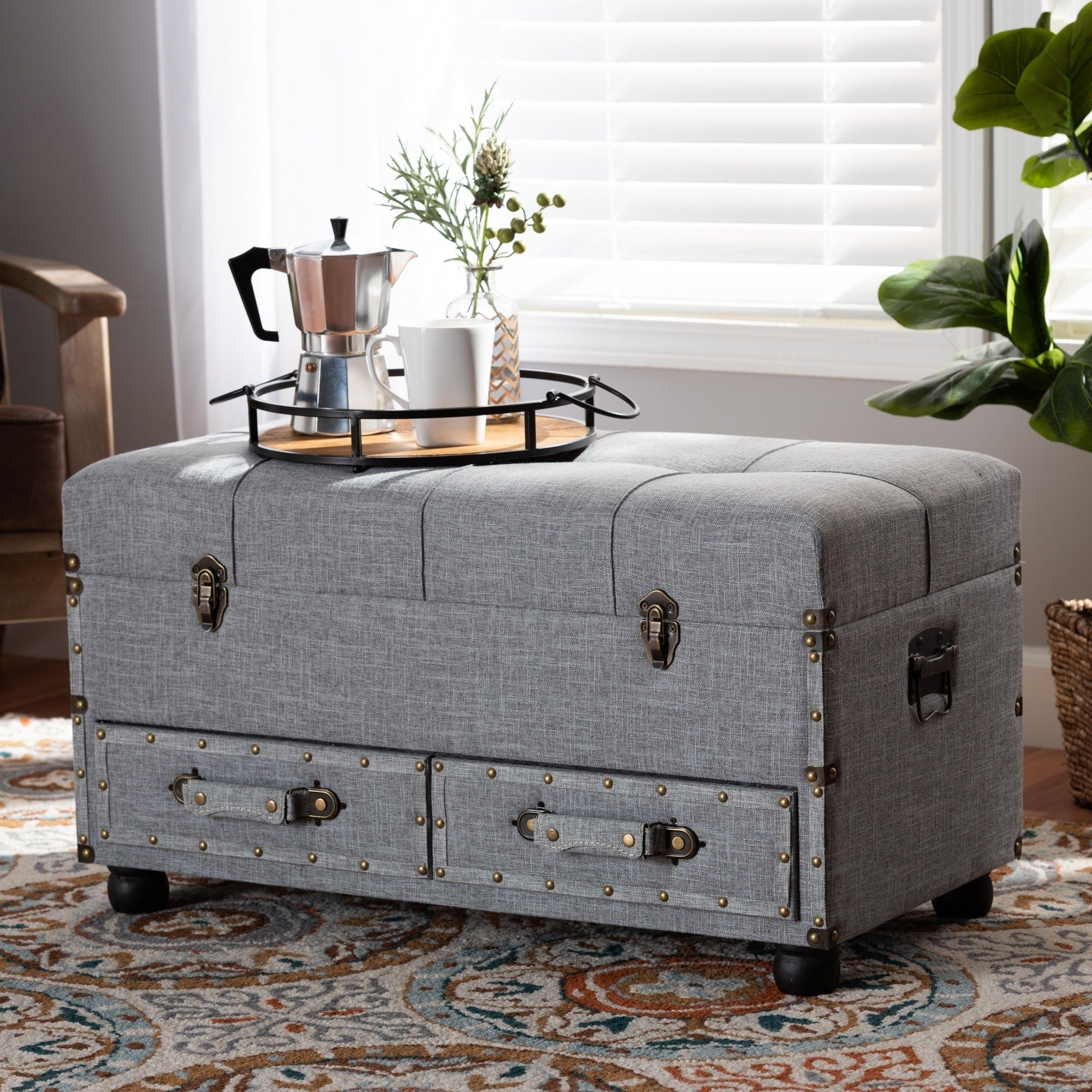 Flynn Modern Transitional Grey Upholstered Storage Trunk Ottoman