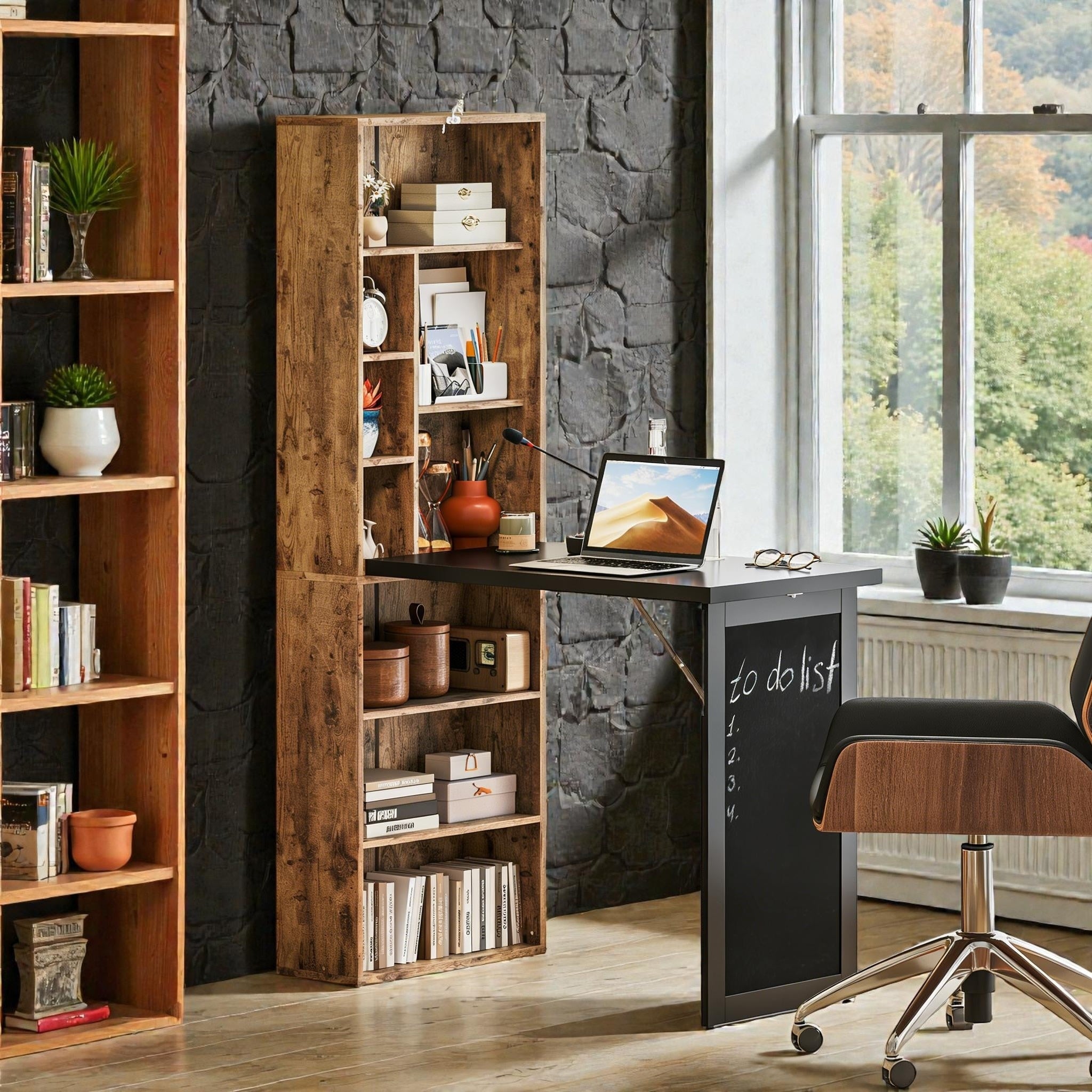 Fold Out Convertible Computer Desk With Storage Shelves Space Saving Home Office Writing Desk With Blackboard