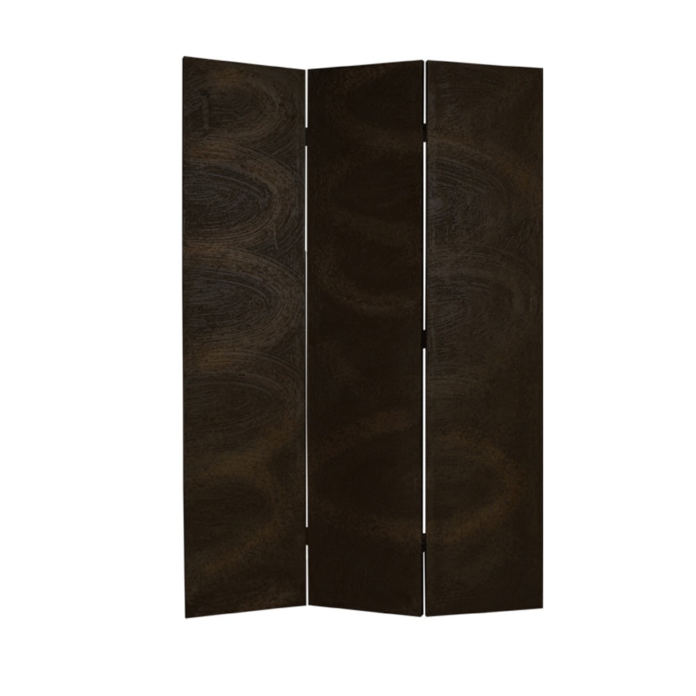 Foldable 3 Panel Canvas Room Divider With Swirl Details Dark Brown