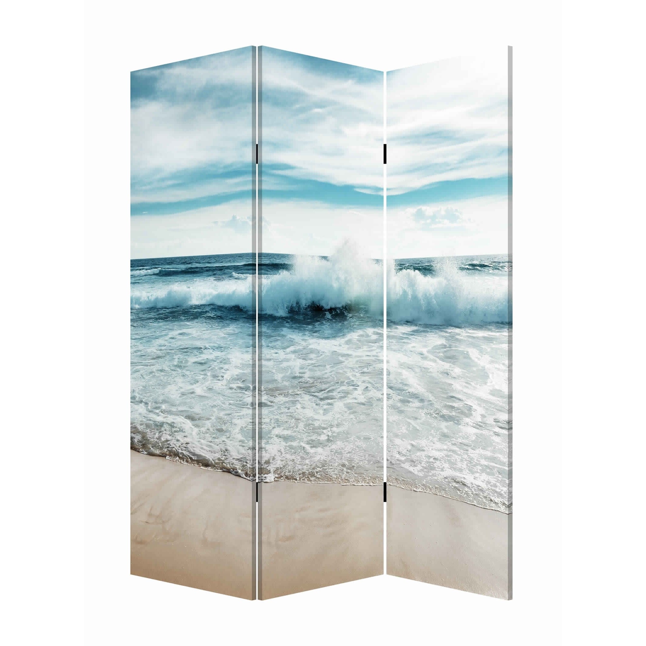 Foldable Canvas Screen With Ocean Shore Print And 3 Panels Multicolor