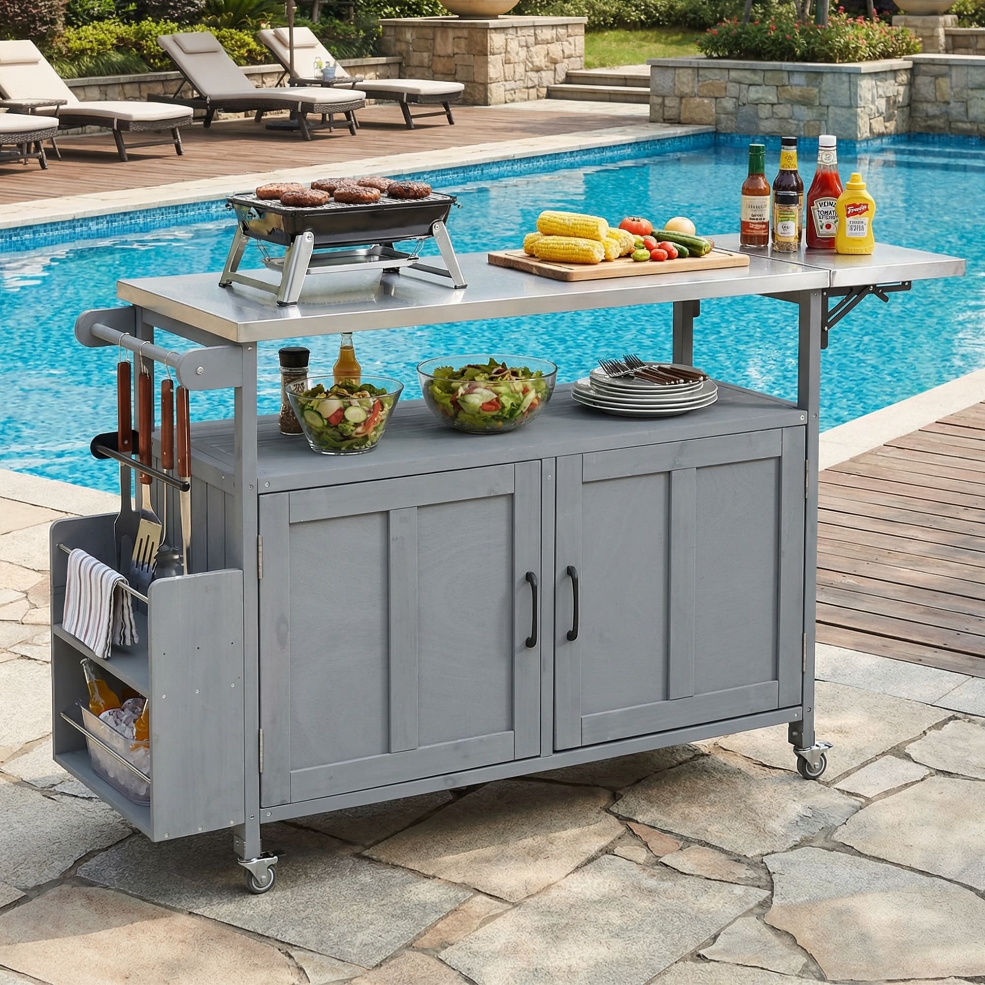 Foldable Outdoor Kitchen Island Fir Wood Stainless Steel Top Storage Towel Rack