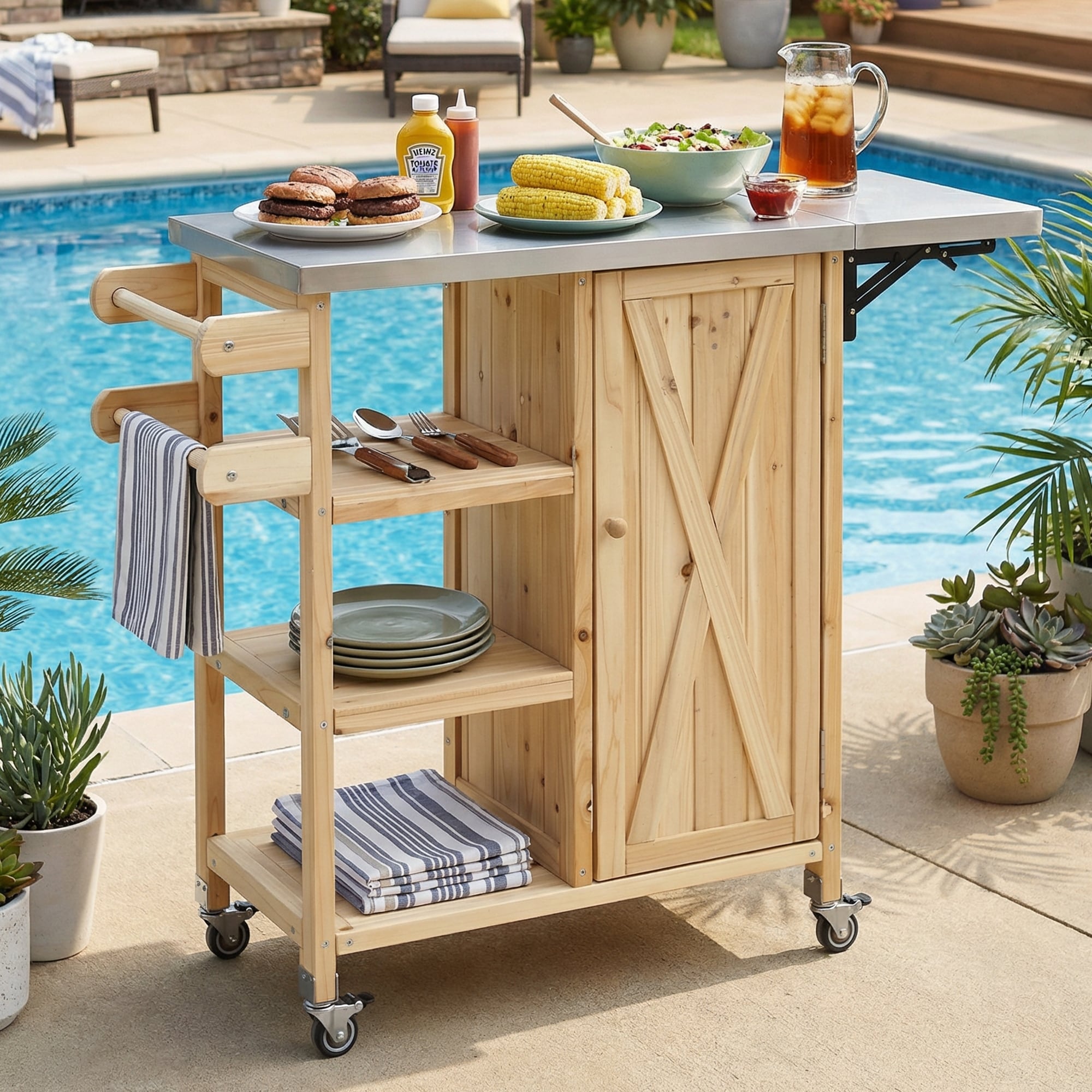 Foldable Outdoor Kitchen Island With Stainless Steel Top Storage Lockable Wheels