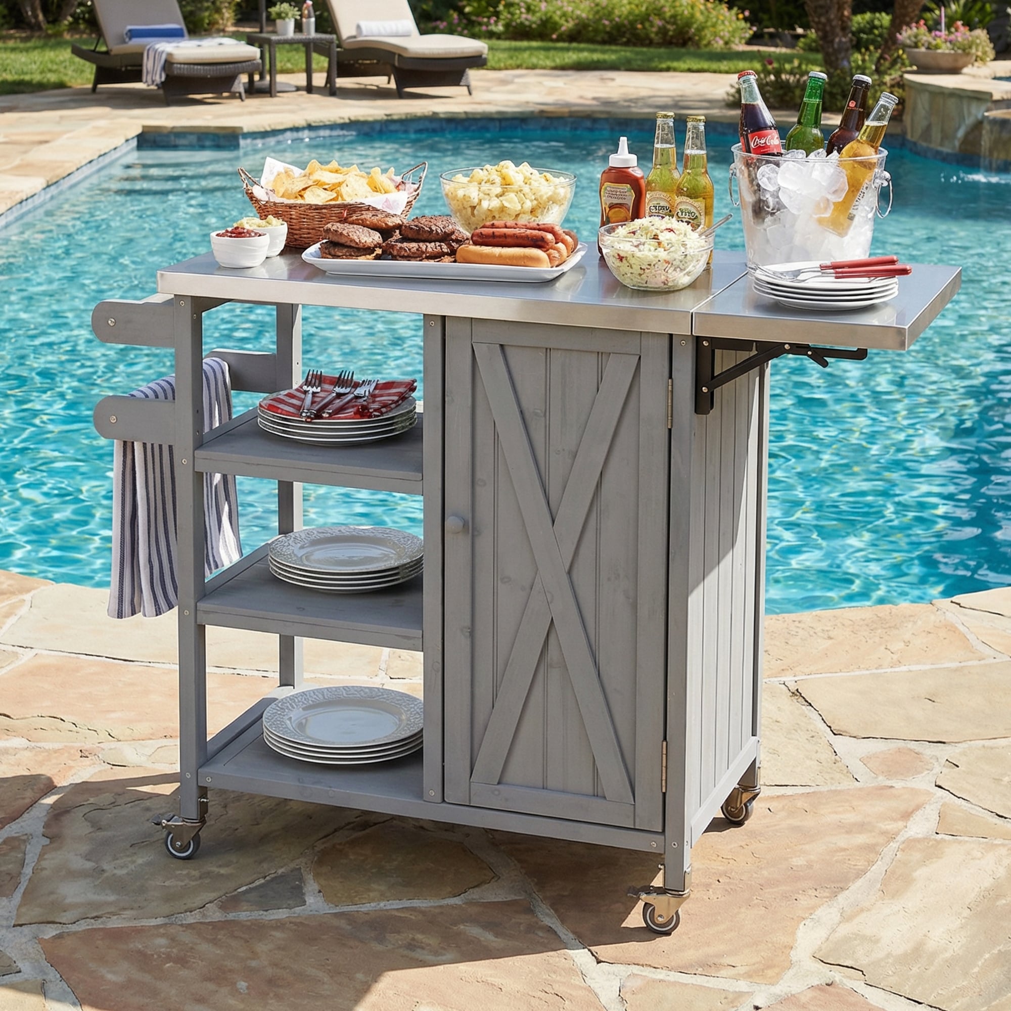 Foldable Outdoor Portable Kitchen Island Cart With Lockable Wheels Storage Cabinet Towel Rack