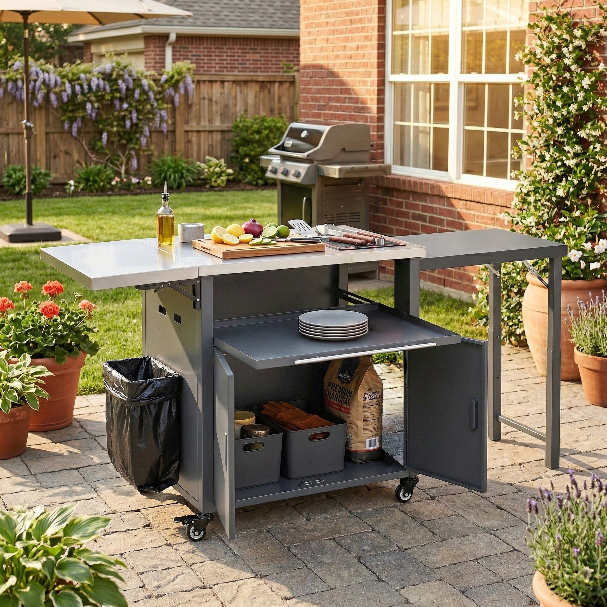 Foldable Outdoor Prep Station Bbq Cart Patio Dining Cart Foldable Kitchen Island With Trash Rack Foldable Top And Storage Space