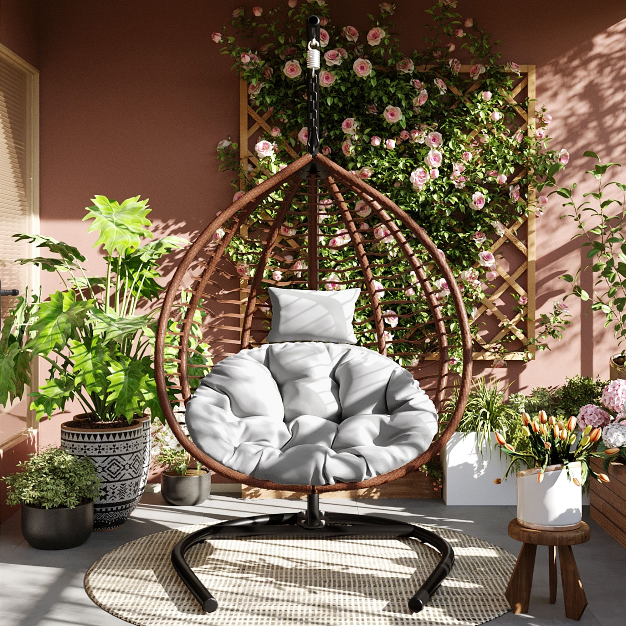 Foldable Rattan Hanging Hammock Chair With Stand And Plush Cushion For Indoor And Outdoor