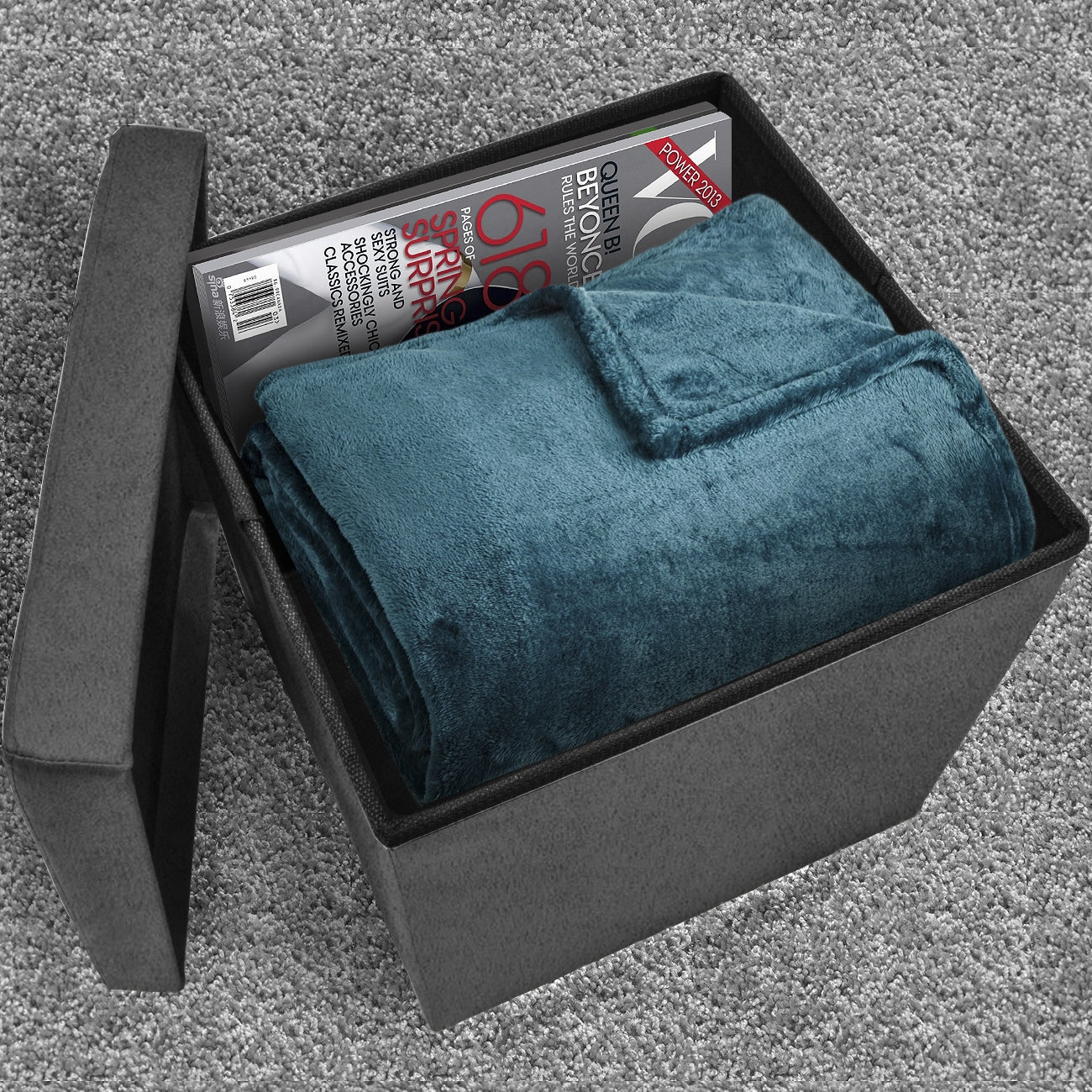 Foldable Storage Ottoman Suede With Cover Grey