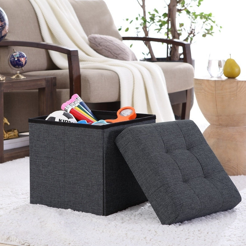 Foldable Tufted Linen Storage Ottoman Cube