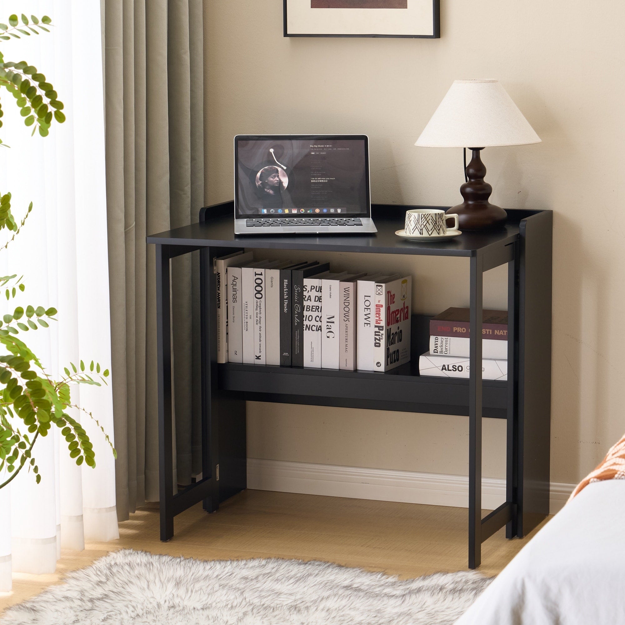 Folding Table With Storage Shelf 32.6 Inch Foldable Computer Desk For Small Spaces